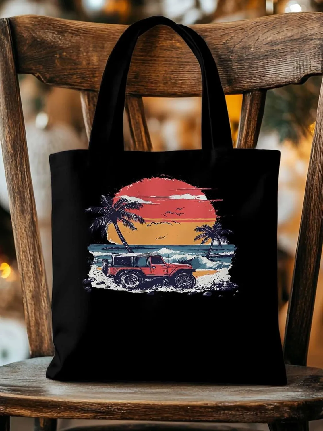 Canvas Tote Bag, Ocean Beach Red Car Palm Tree Birds patterned Canvas Tote Handbags for Women Shoulder Bag,