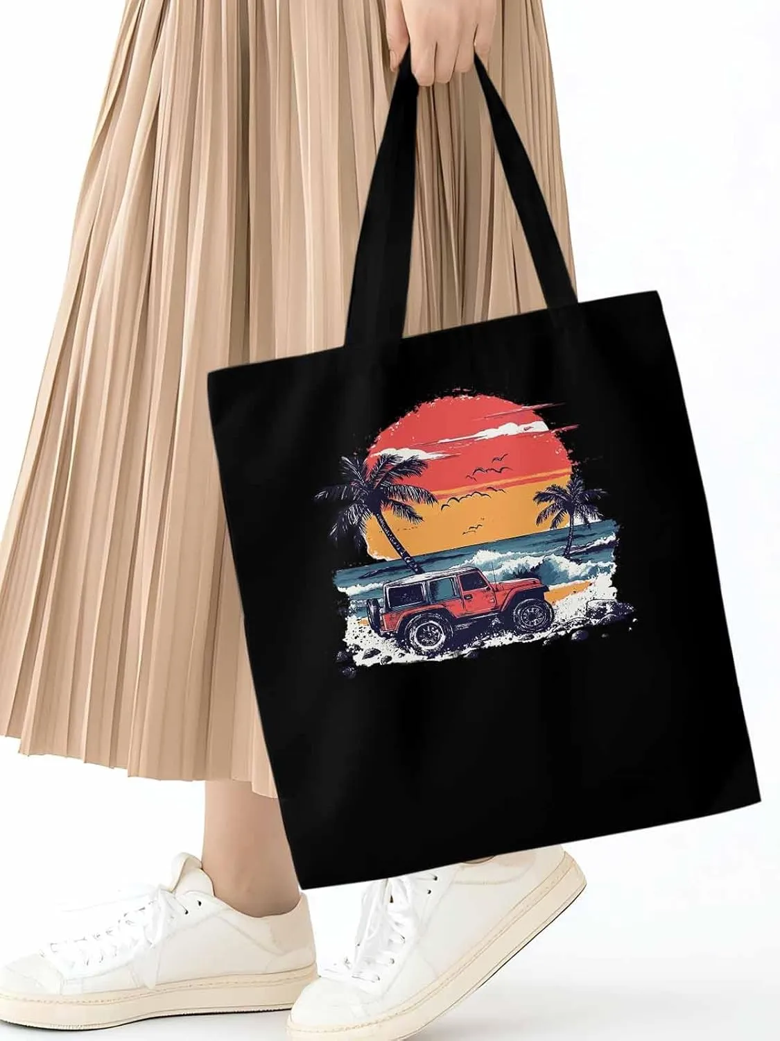 Canvas Tote Bag, Ocean Beach Red Car Palm Tree Birds patterned Canvas Tote Handbags for Women Shoulder Bag,