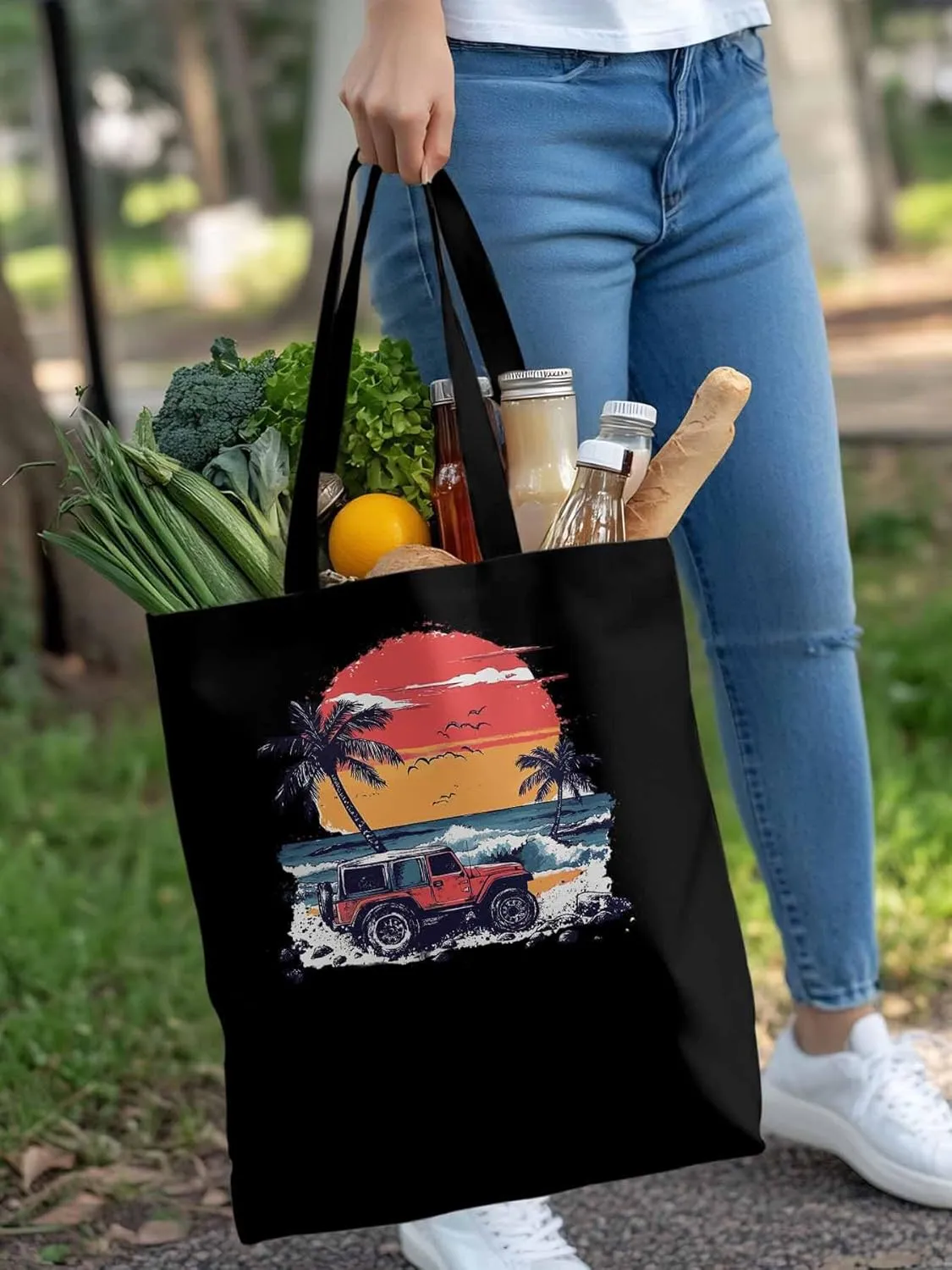Canvas Tote Bag, Ocean Beach Red Car Palm Tree Birds patterned Canvas Tote Handbags for Women Shoulder Bag,