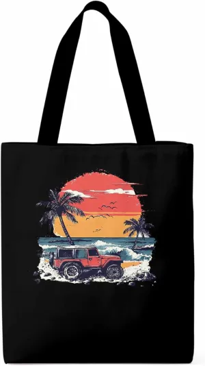 Canvas Tote Bag, Ocean Beach Red Car Palm Tree Birds patterned Canvas Tote Handbags for Women Shoulder Bag,