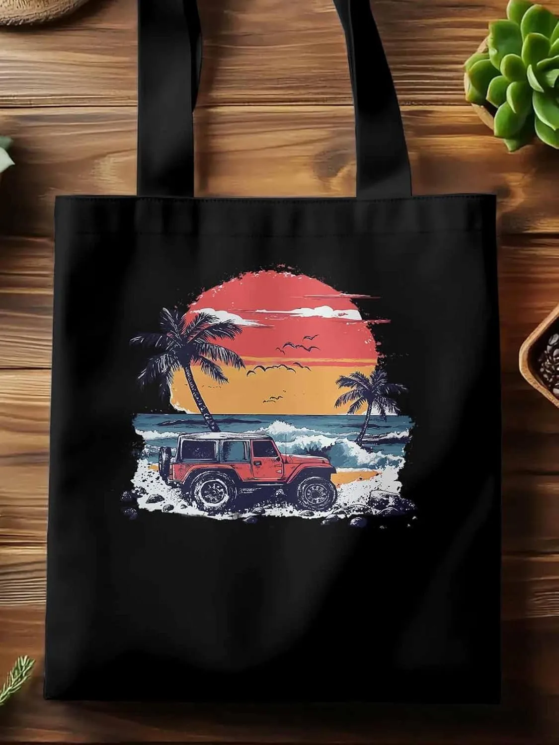 Canvas Tote Bag, Ocean Beach Red Car Palm Tree Birds patterned Canvas Tote Handbags for Women Shoulder Bag,