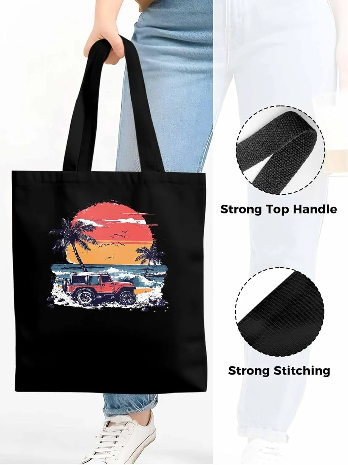 Canvas Tote Bag, Ocean Beach Red Car Palm Tree Birds patterned Canvas Tote Handbags for Women Shoulder Bag,