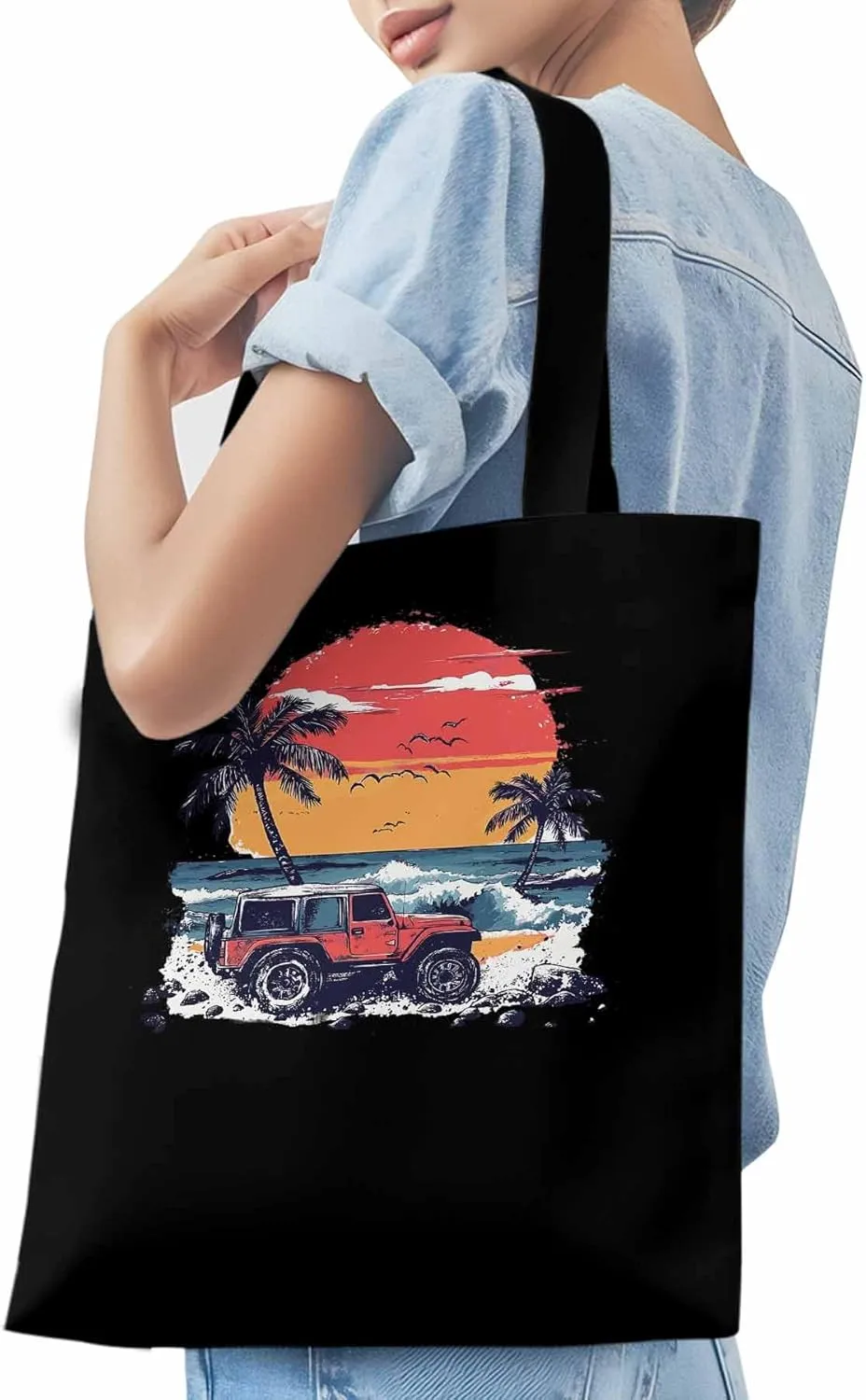 Canvas Tote Bag, Ocean Beach Red Car Palm Tree Birds patterned Canvas Tote Handbags for Women Shoulder Bag,
