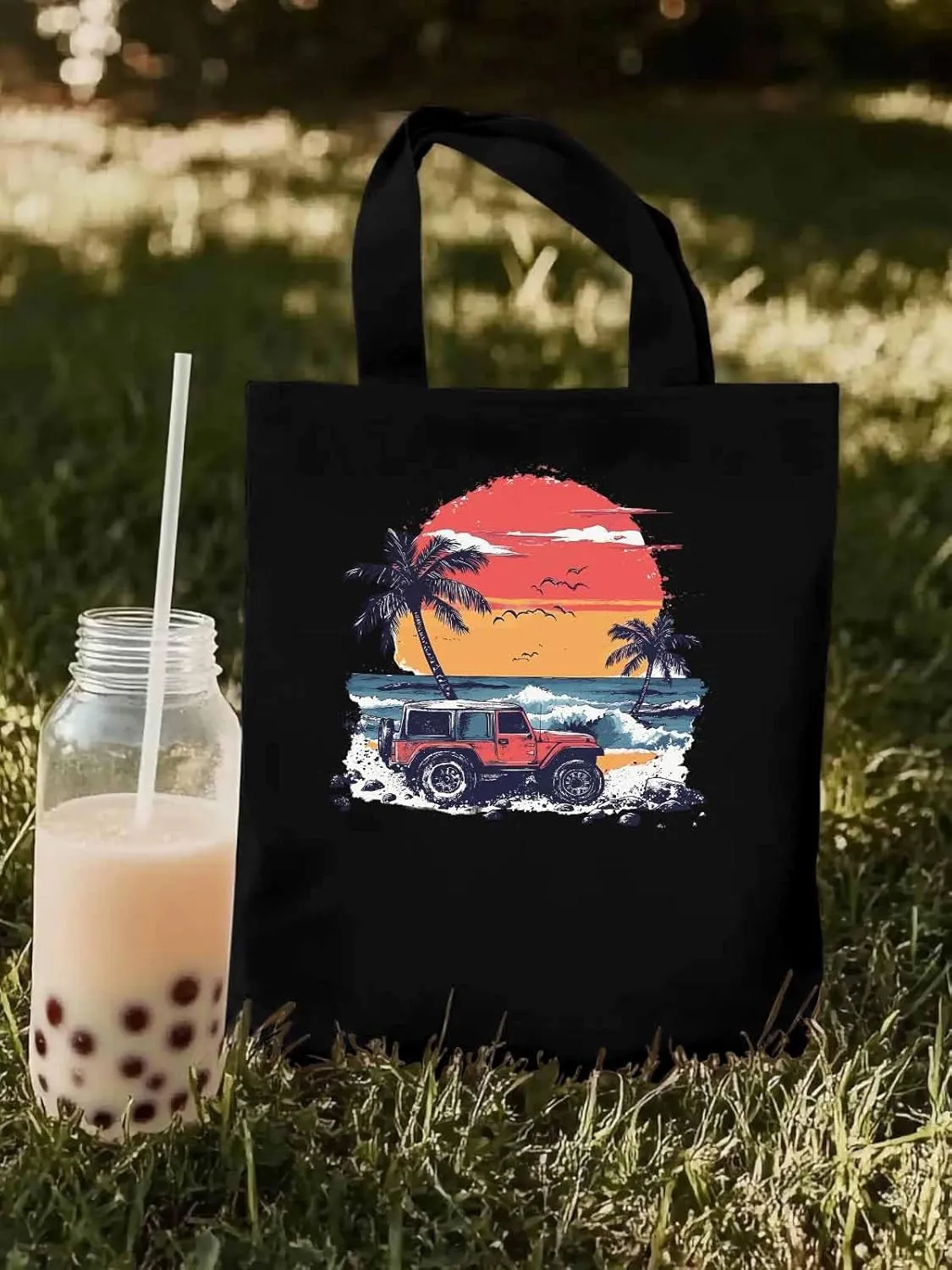 Canvas Tote Bag, Ocean Beach Red Car Palm Tree Birds patterned Canvas Tote Handbags for Women Shoulder Bag,