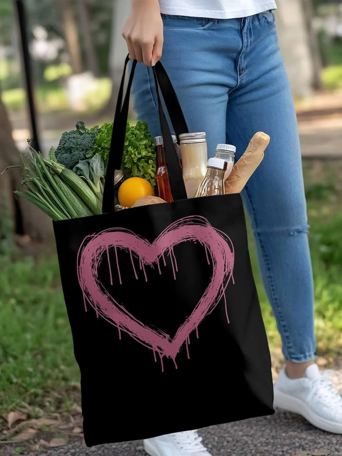 Canvas Tote Bag, Valentine's Day Abstract Pink Love Aesthetic Canvas Tote Handbags for Women Shoulder Bag