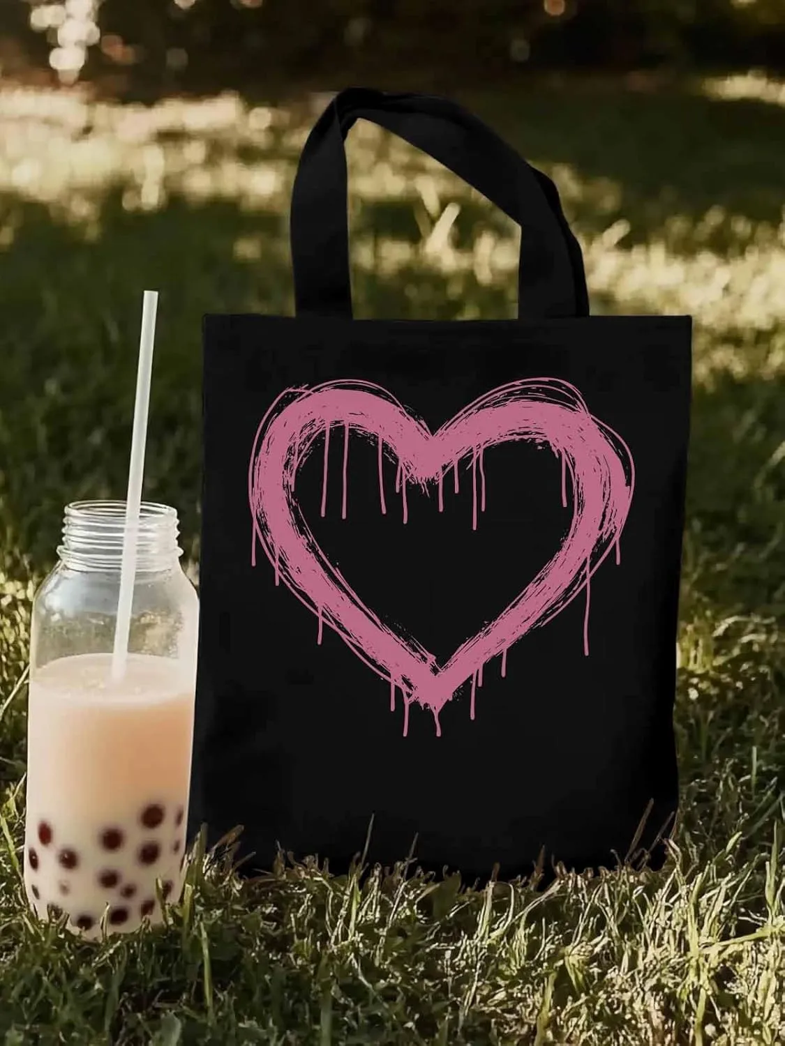Canvas Tote Bag, Valentine's Day Abstract Pink Love Aesthetic Canvas Tote Handbags for Women Shoulder Bag