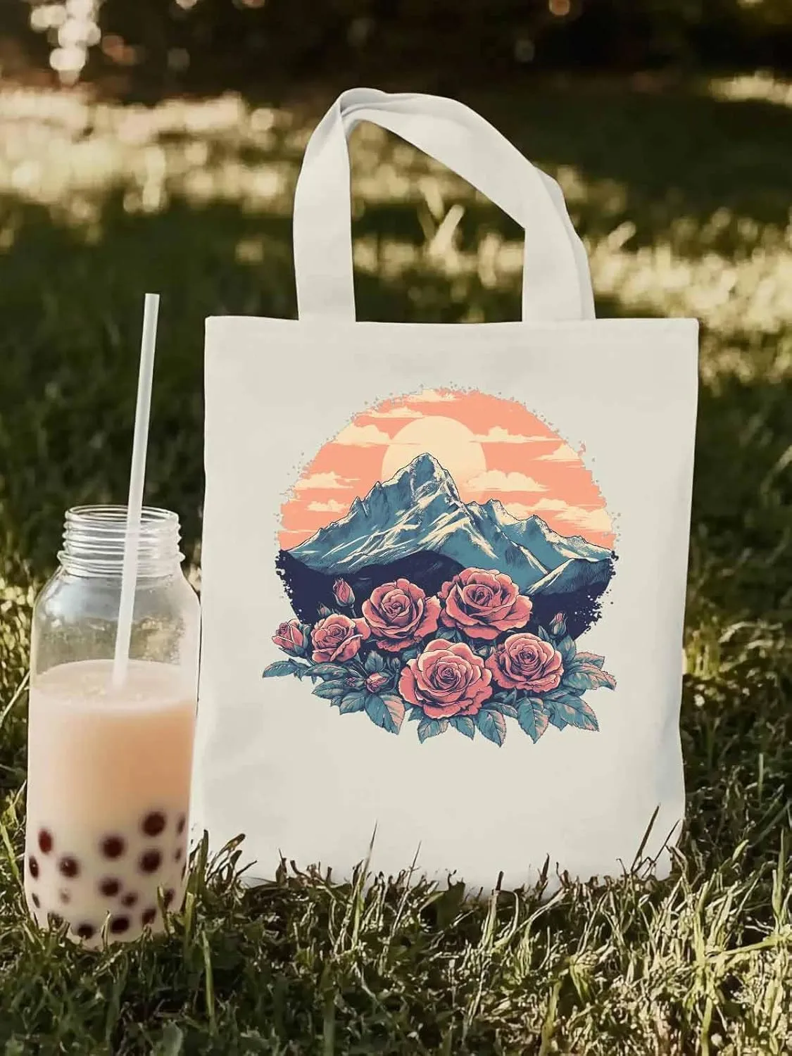 Canvas Tote Bag, Western Vintage Mountain Wildflower patterned Canvas Tote Handbags for Women Shoulder Bag,
