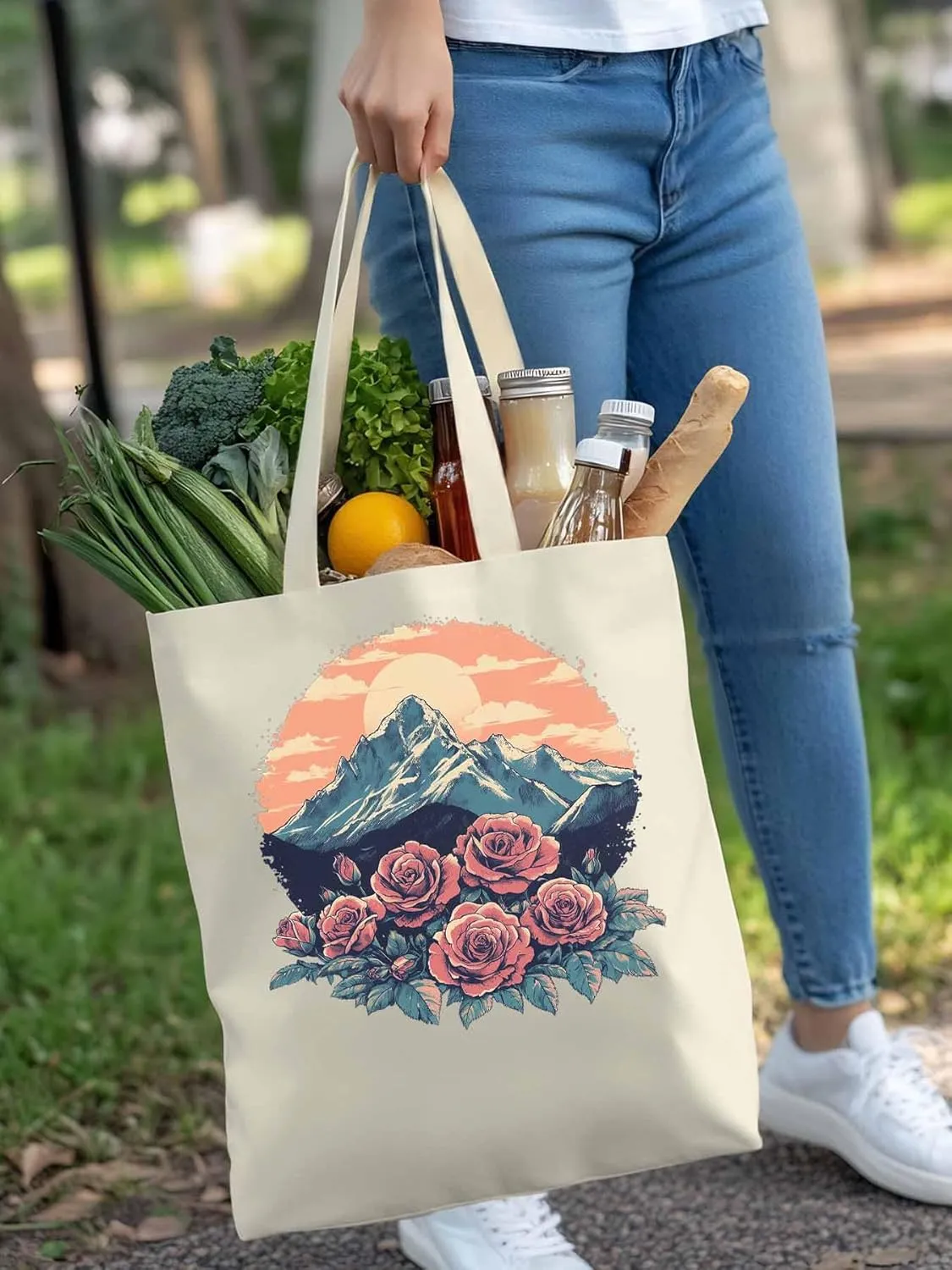 Canvas Tote Bag, Western Vintage Mountain Wildflower patterned Canvas Tote Handbags for Women Shoulder Bag,