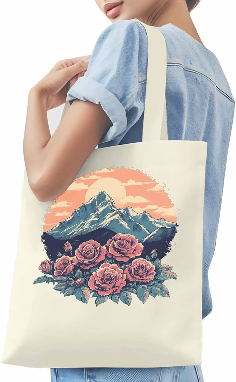 Canvas Tote Bag, Western Vintage Mountain Wildflower patterned Canvas Tote Handbags for Women Shoulder Bag,