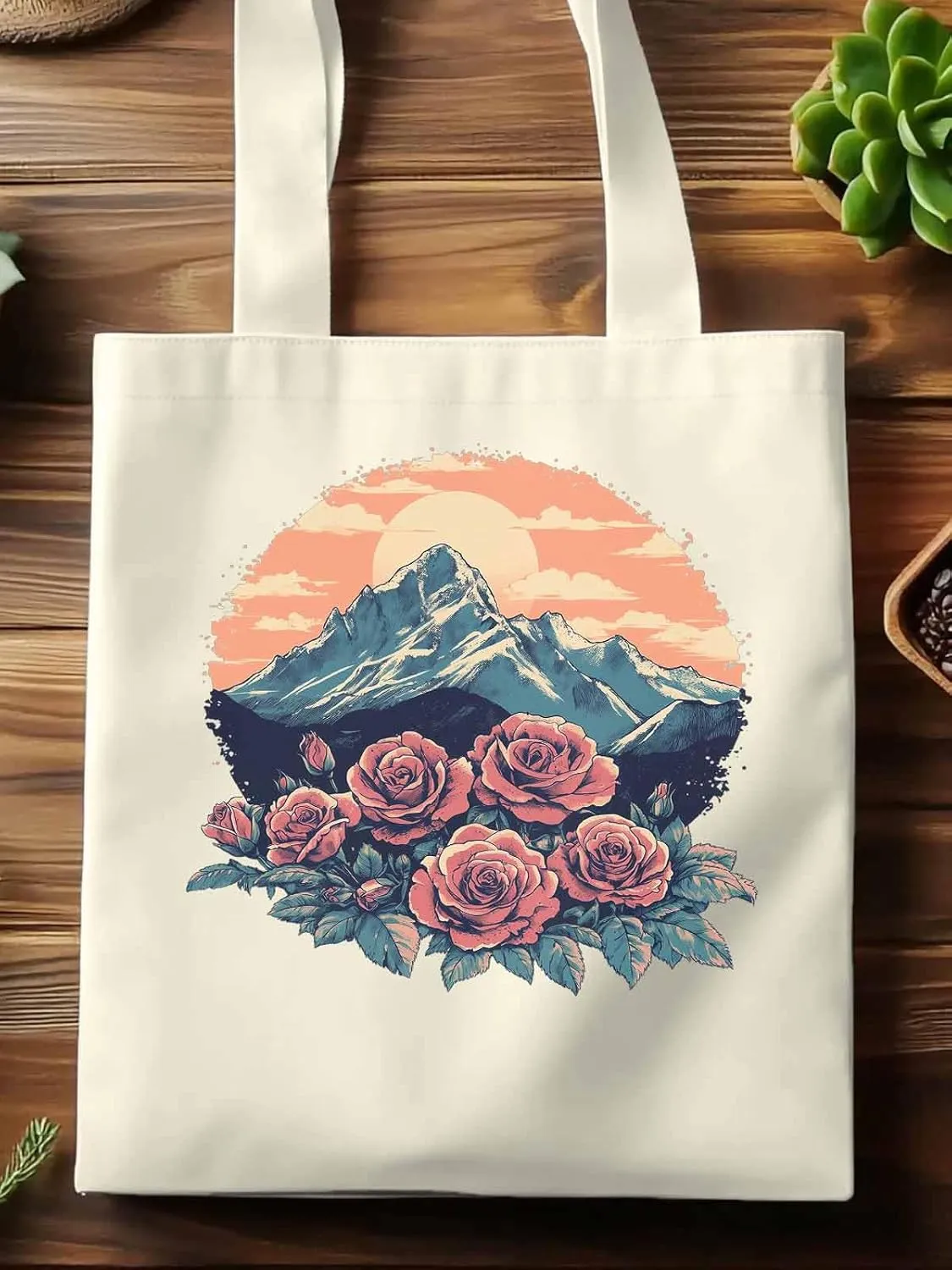 Canvas Tote Bag, Western Vintage Mountain Wildflower patterned Canvas Tote Handbags for Women Shoulder Bag,