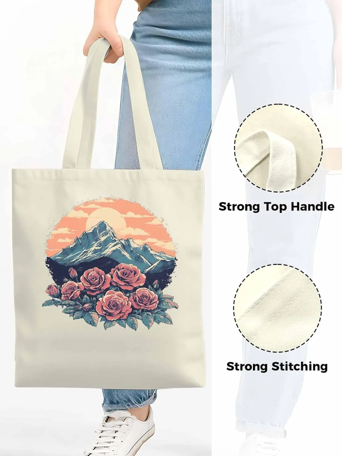 Canvas Tote Bag, Western Vintage Mountain Wildflower patterned Canvas Tote Handbags for Women Shoulder Bag,