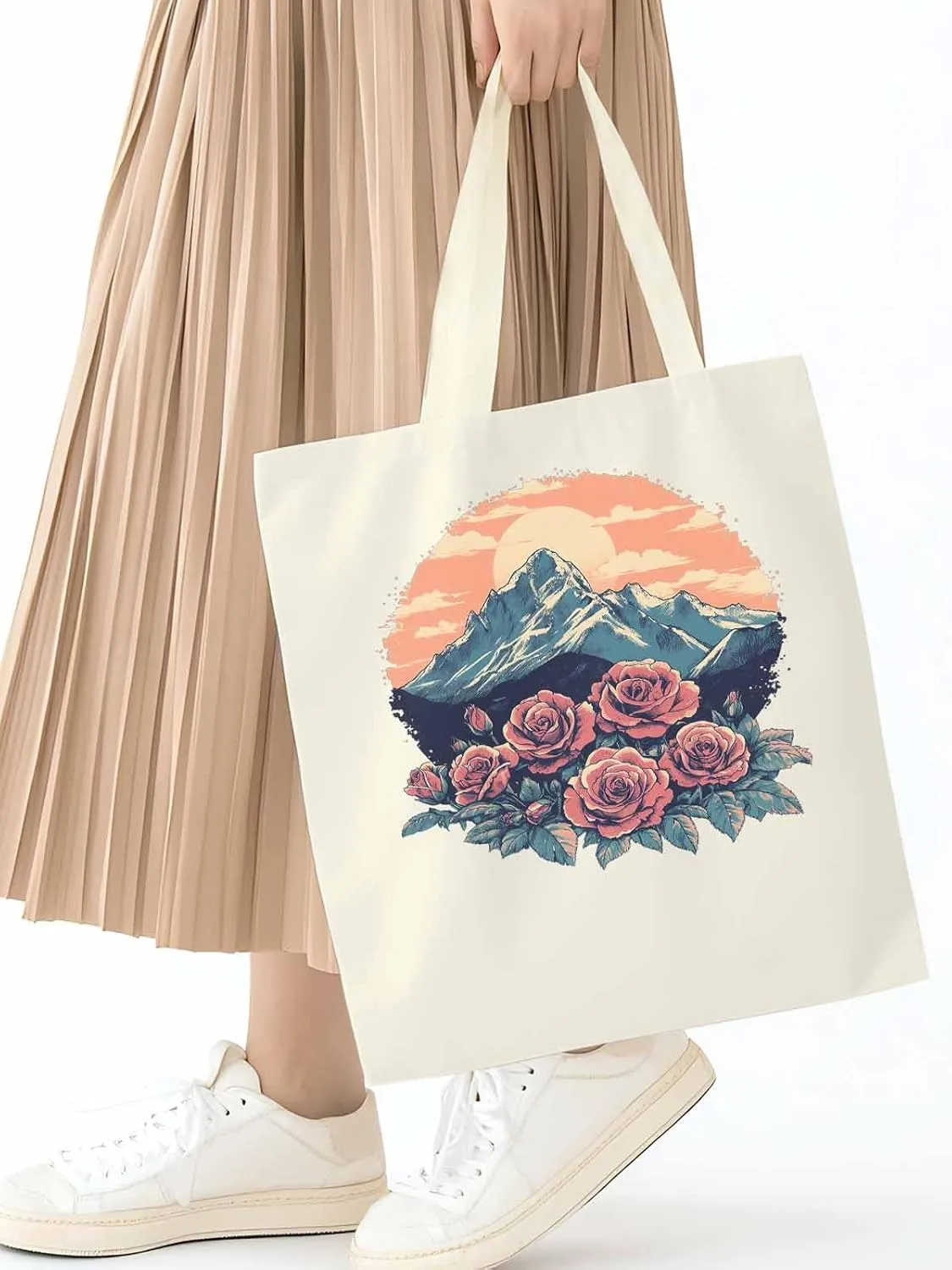 Canvas Tote Bag, Western Vintage Mountain Wildflower patterned Canvas Tote Handbags for Women Shoulder Bag,