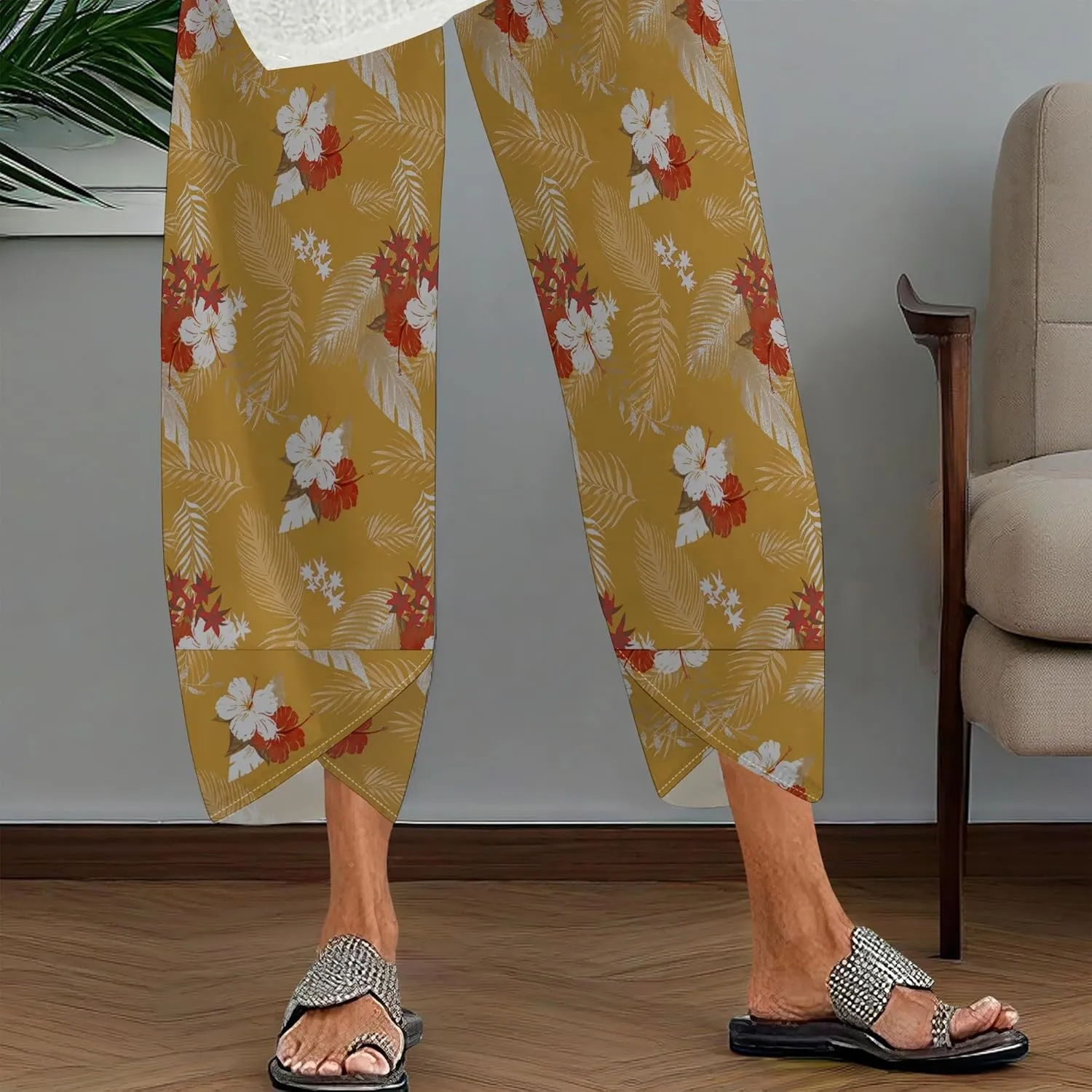 Capris Pants for Women 2025 Summer Printed Baggy Cropped Wide Leg High Elastic Waist Trousers Beach Vacation Pant