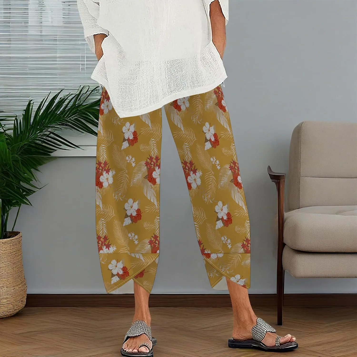 Capris Pants for Women 2025 Summer Printed Baggy Cropped Wide Leg High Elastic Waist Trousers Beach Vacation Pant