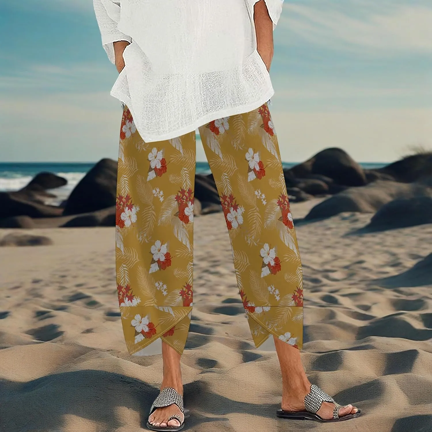 Capris Pants for Women 2025 Summer Printed Baggy Cropped Wide Leg High Elastic Waist Trousers Beach Vacation Pant