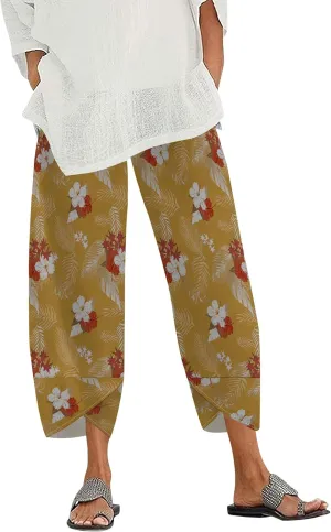 Capris Pants for Women 2025 Summer Printed Baggy Cropped Wide Leg High Elastic Waist Trousers Beach Vacation Pant