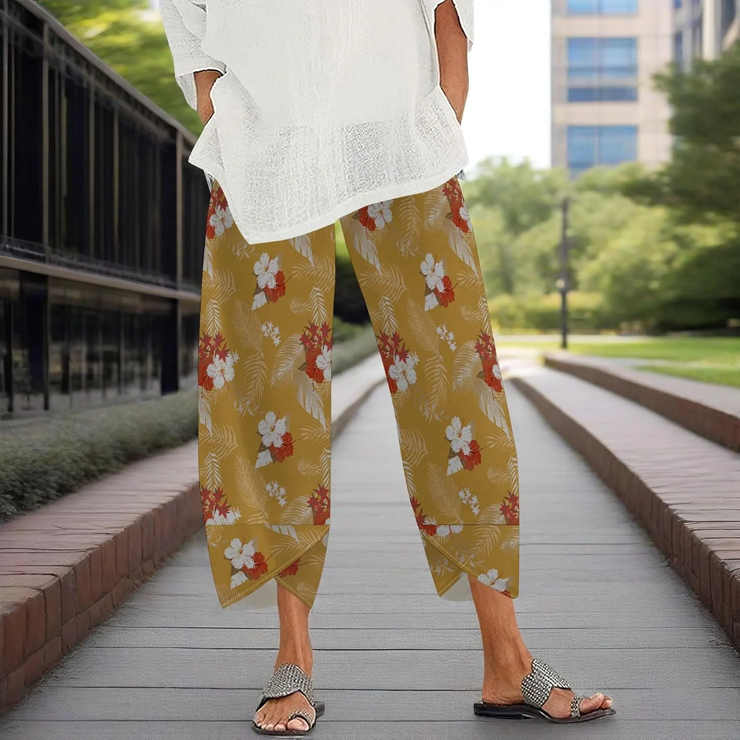 Capris Pants for Women 2025 Summer Printed Baggy Cropped Wide Leg High Elastic Waist Trousers Beach Vacation Pant
