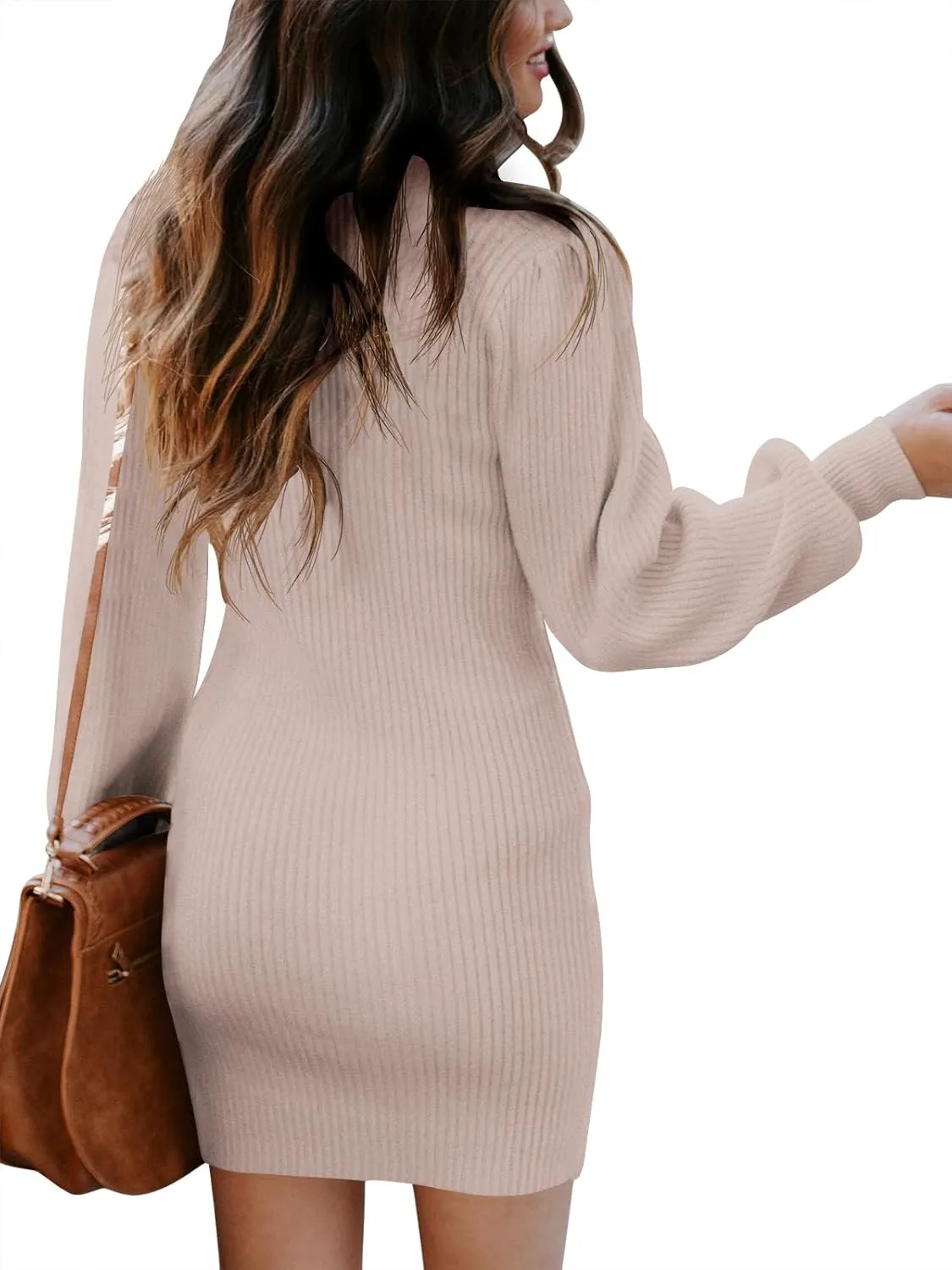 Caracilia Women Turtleneck Long Sleeve Knit Bodycon Slim Fitted Stretch Pullover Sweater Mini Dress Trendy Outfits 2025 Fall