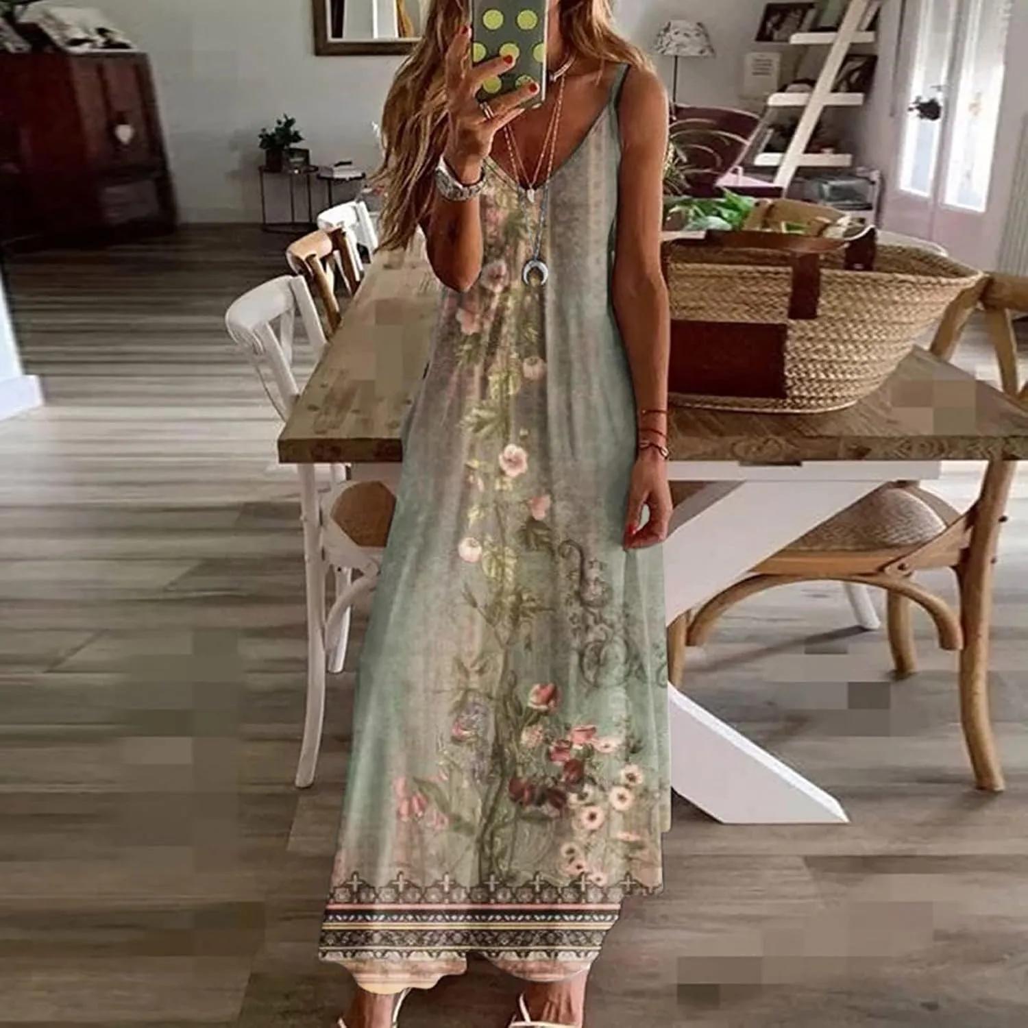 Ceboyel Women Floral Spaghetti Strap Sundress Casual Summer Long Maxi Dress Vneck Sexy Boho Dresses Trendy Beach Clothes 2024