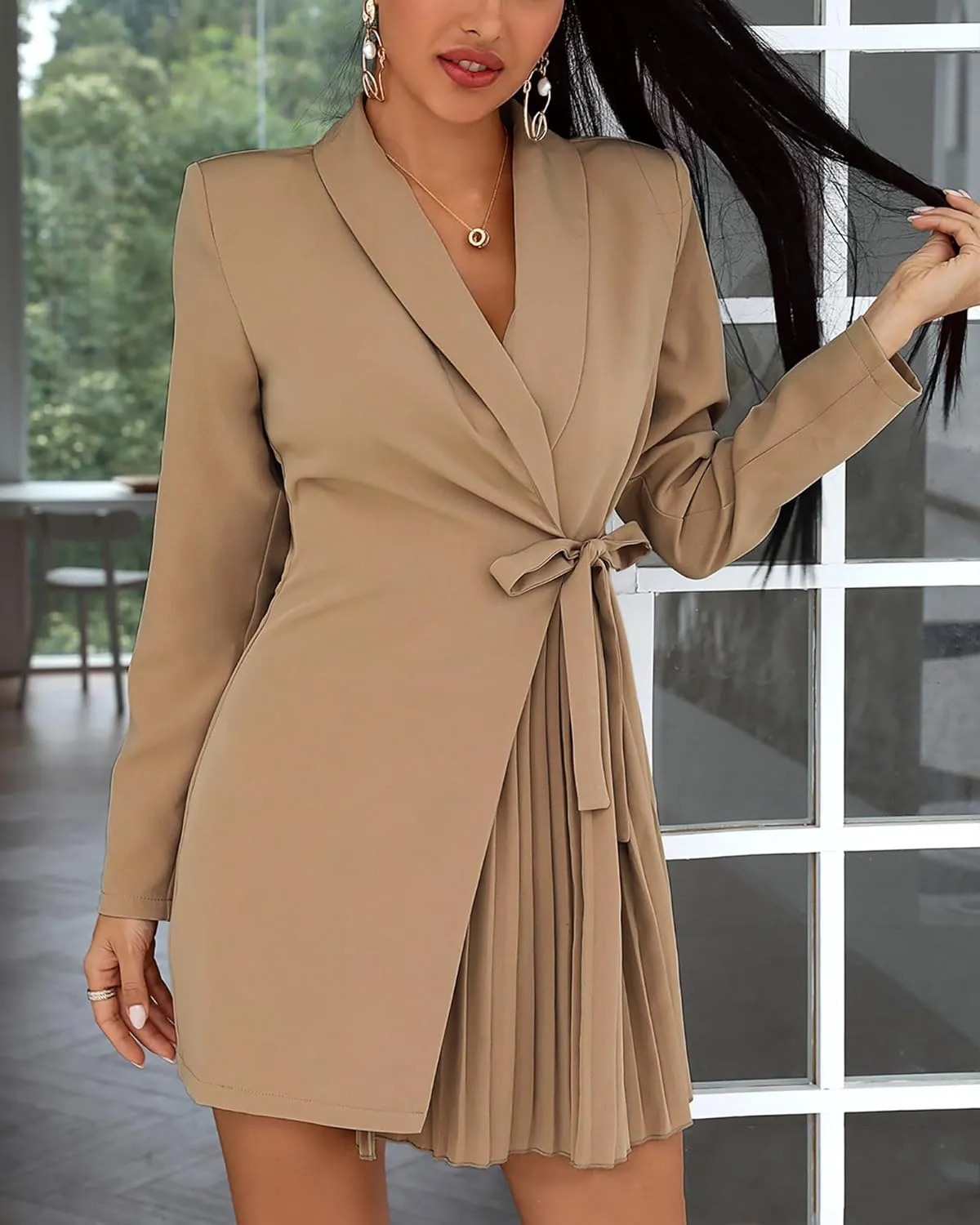 cffvdiz Womens Sexy Long Sleeve Solid Color Lace-Up Pleated Blazer Dress