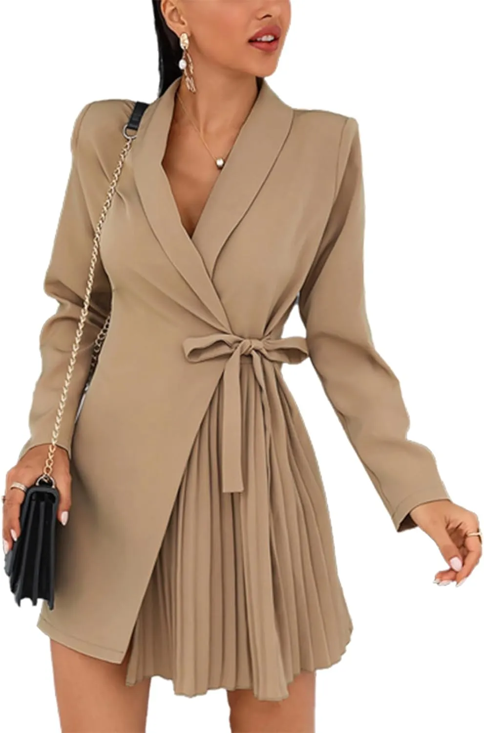 cffvdiz Womens Sexy Long Sleeve Solid Color Lace-Up Pleated Blazer Dress