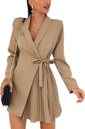 cffvdiz Womens Sexy Long Sleeve Solid Color Lace-Up Pleated Blazer Dress