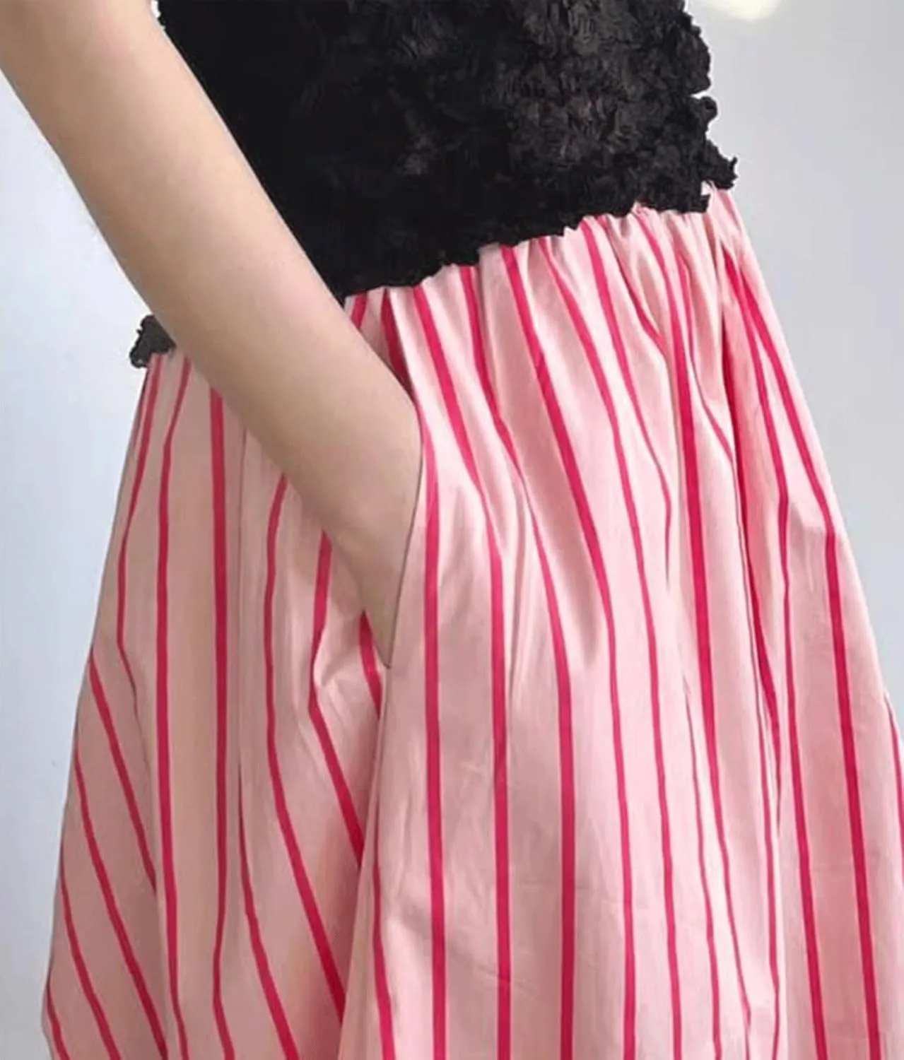 CHARTOU Women's Summer Striped Long Skirt Elastic High Waist Flowy Ruffle Hem A Line Maxi Dress with Pockets