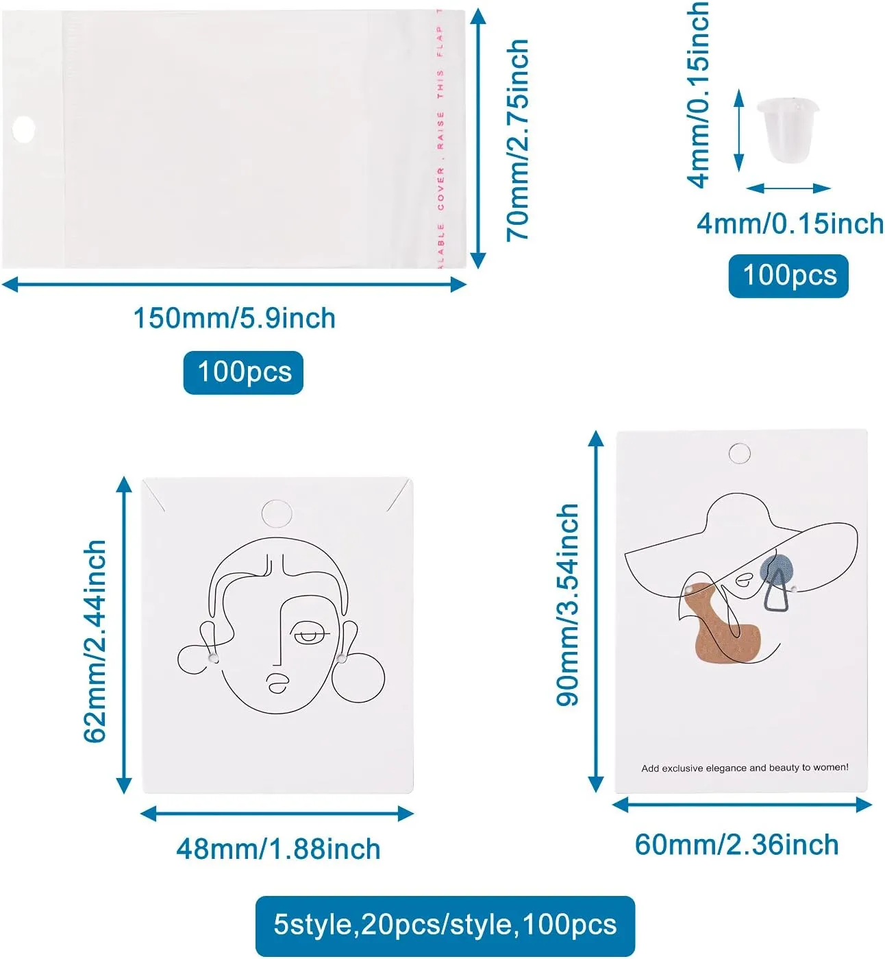 Cheriswelry 100pcs Earring Card Holder Stick Figure Pattern Earring Holder Rectangle Card Earring Holder with Pearl Film Cellophane Bags Plastic Ear Nuts for Earring Display Ear Studs Hanging Earrings