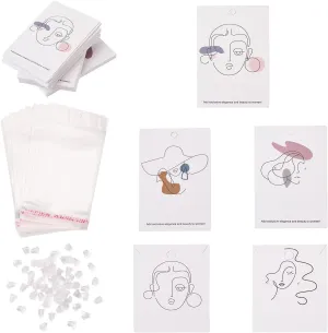 Cheriswelry 100pcs Earring Card Holder Stick Figure Pattern Earring Holder Rectangle Card Earring Holder with Pearl Film Cellophane Bags Plastic Ear Nuts for Earring Display Ear Studs Hanging Earrings