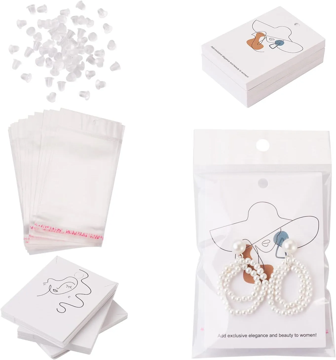 Cheriswelry 100pcs Earring Card Holder Stick Figure Pattern Earring Holder Rectangle Card Earring Holder with Pearl Film Cellophane Bags Plastic Ear Nuts for Earring Display Ear Studs Hanging Earrings