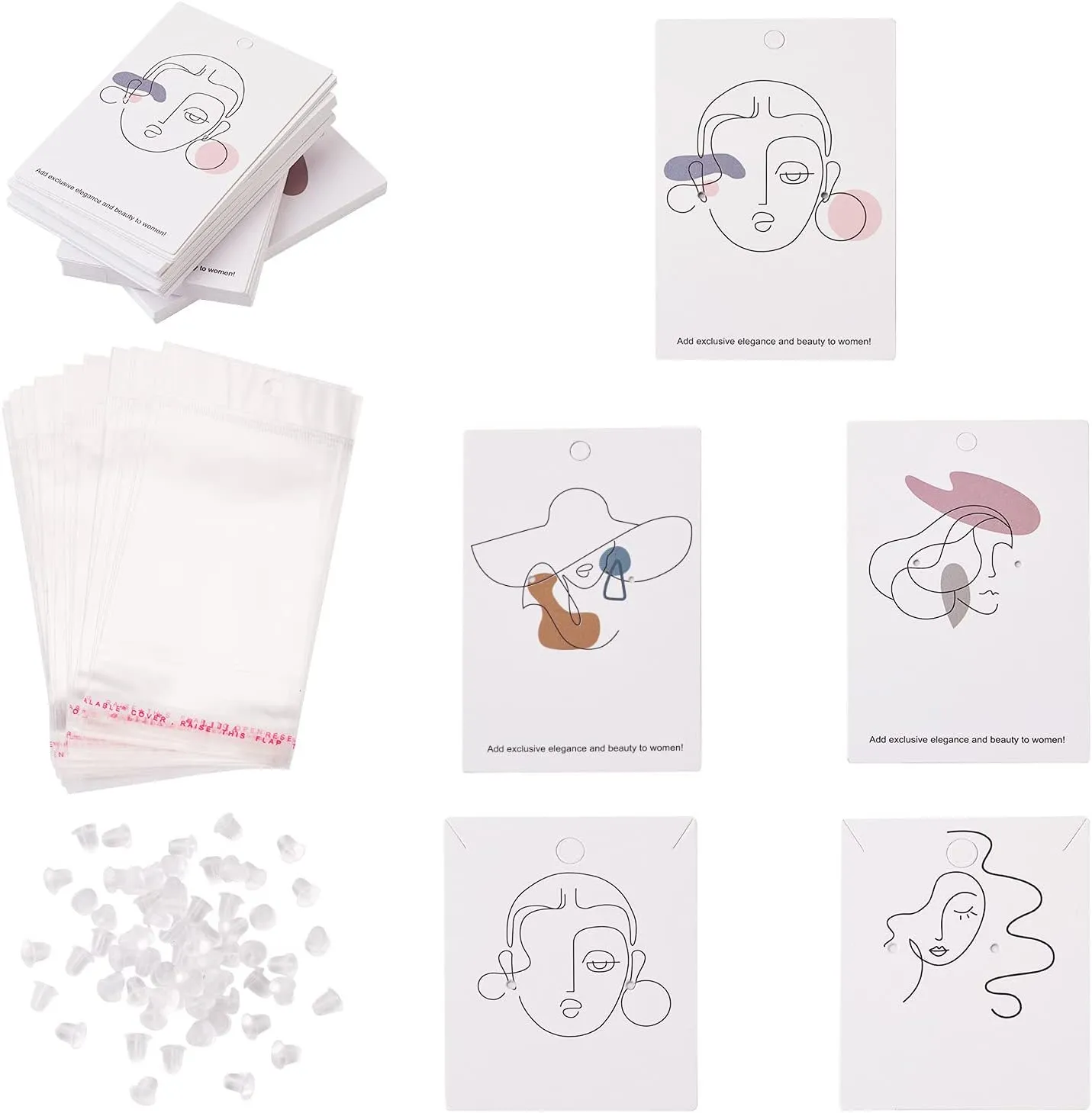 Cheriswelry 100pcs Earring Card Holder Stick Figure Pattern Earring Holder Rectangle Card Earring Holder with Pearl Film Cellophane Bags Plastic Ear Nuts for Earring Display Ear Studs Hanging Earrings