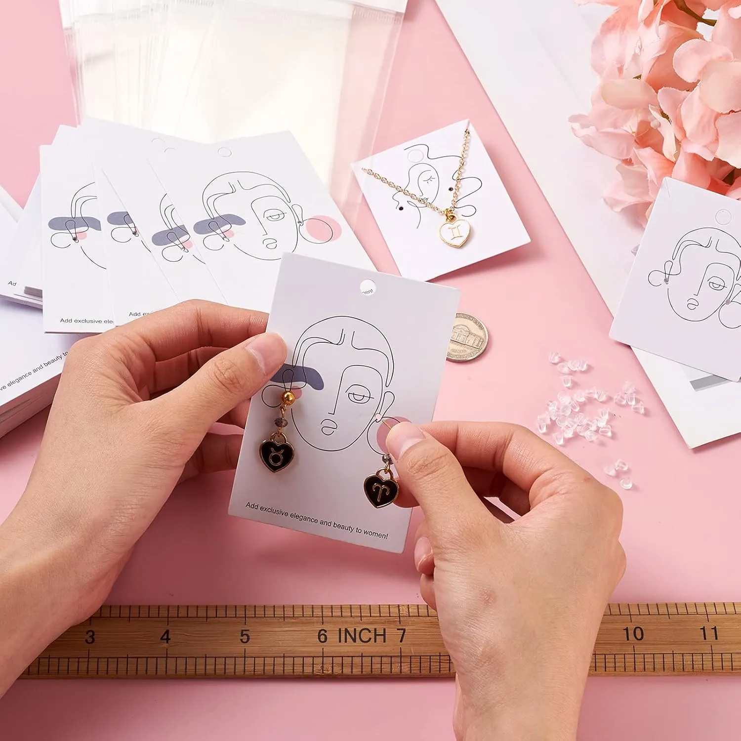 Cheriswelry 100pcs Earring Card Holder Stick Figure Pattern Earring Holder Rectangle Card Earring Holder with Pearl Film Cellophane Bags Plastic Ear Nuts for Earring Display Ear Studs Hanging Earrings