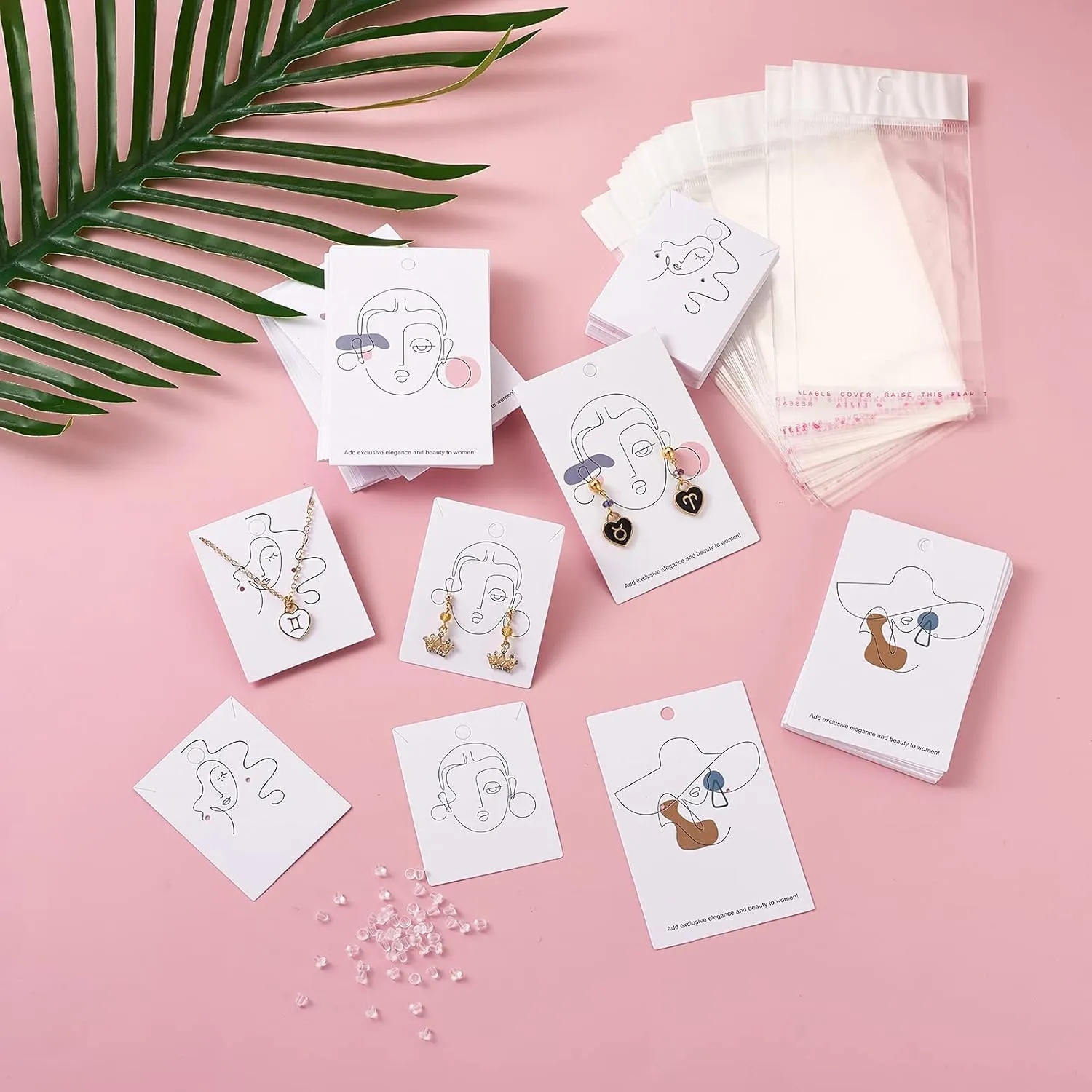 Cheriswelry 100pcs Earring Card Holder Stick Figure Pattern Earring Holder Rectangle Card Earring Holder with Pearl Film Cellophane Bags Plastic Ear Nuts for Earring Display Ear Studs Hanging Earrings