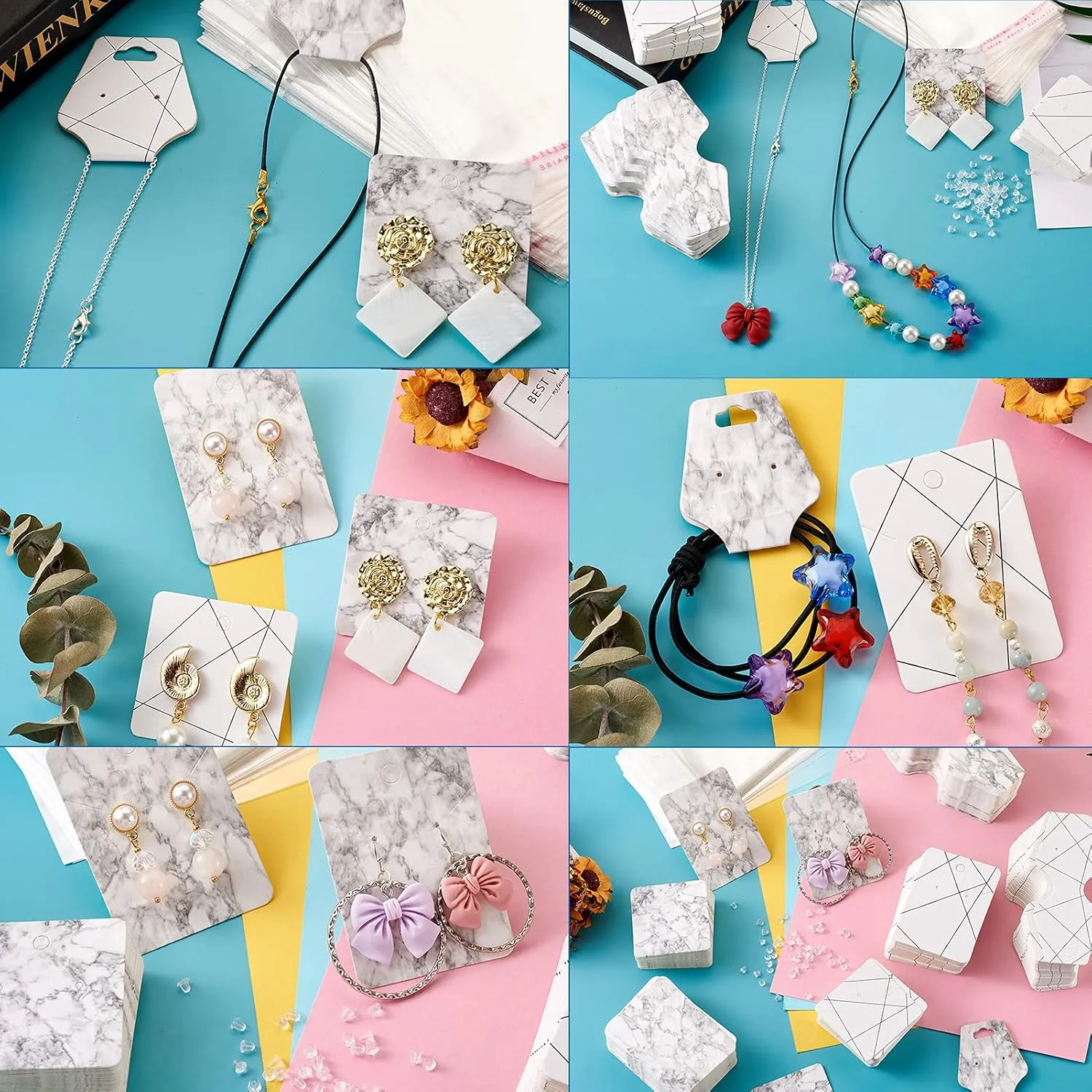 Cheriswelry 300pcs Jewelry Marble Paper Display Cards Holders & 100pcs Plastic Ear Nuts & 100pcs Pearl Film Cellophane Bags Rectangle Square Line Stripes Show Cards for Earring Necklace Display