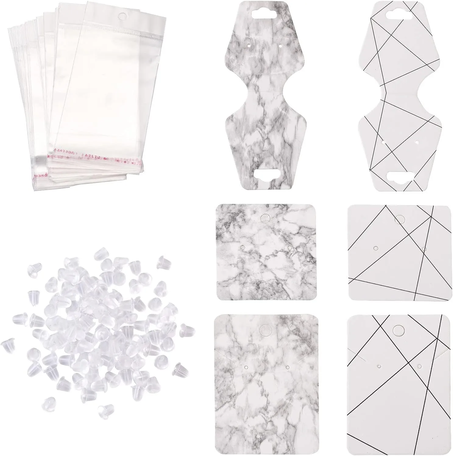 Cheriswelry 300pcs Jewelry Marble Paper Display Cards Holders & 100pcs Plastic Ear Nuts & 100pcs Pearl Film Cellophane Bags Rectangle Square Line Stripes Show Cards for Earring Necklace Display