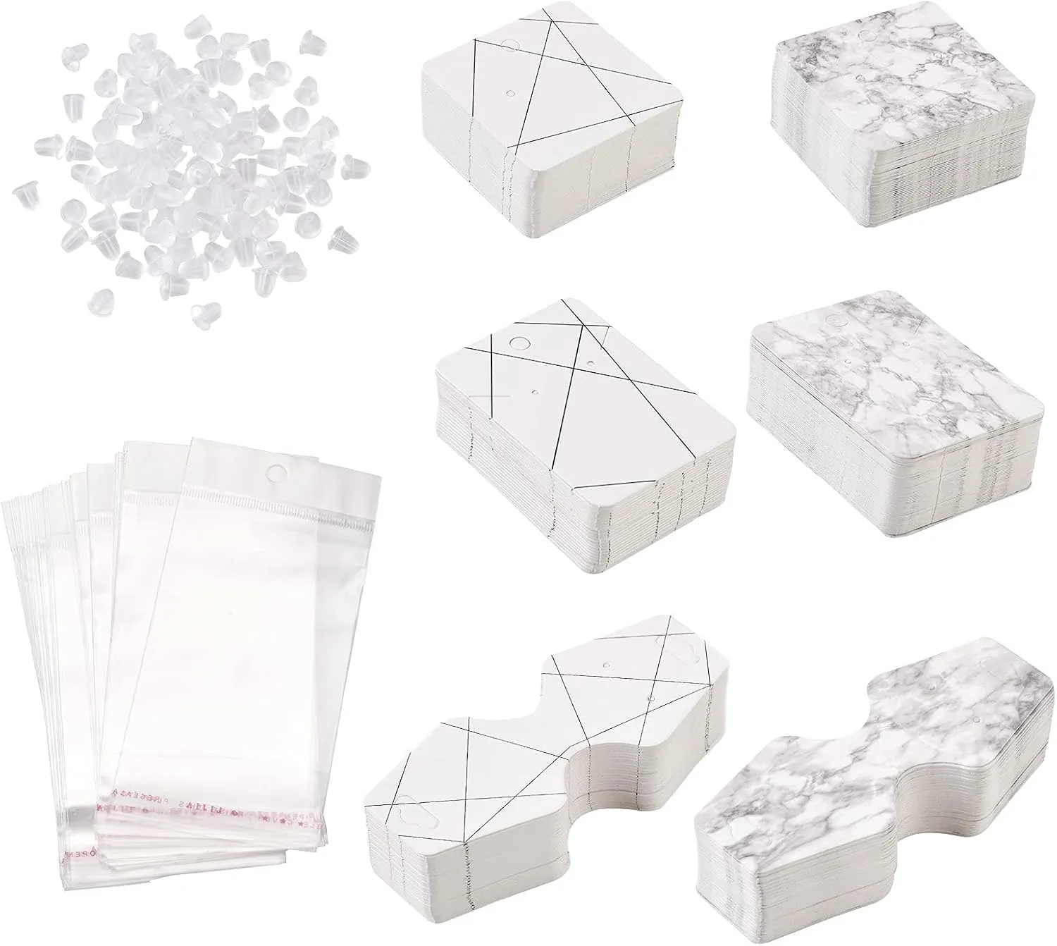 Cheriswelry 300pcs Jewelry Marble Paper Display Cards Holders & 100pcs Plastic Ear Nuts & 100pcs Pearl Film Cellophane Bags Rectangle Square Line Stripes Show Cards for Earring Necklace Display