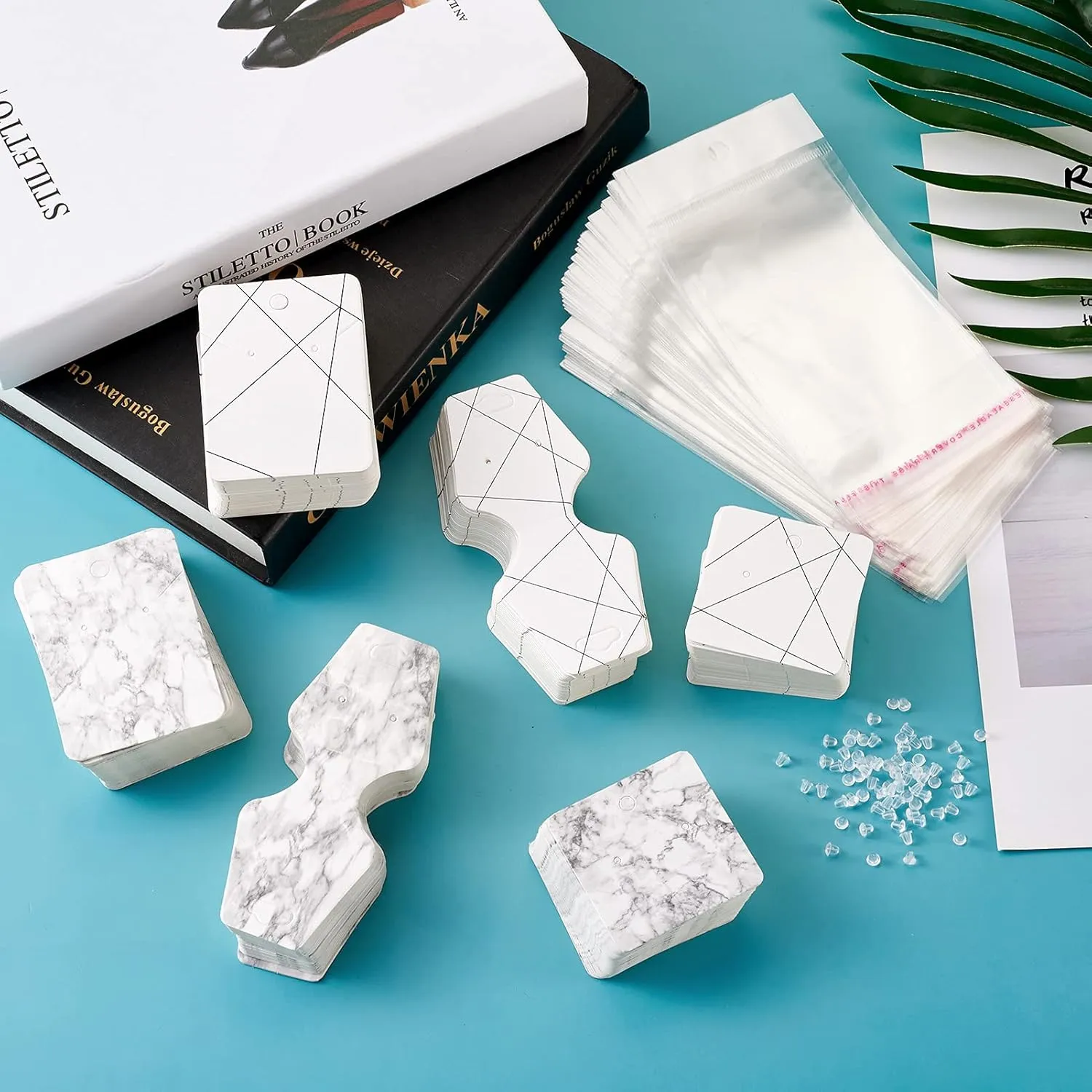 Cheriswelry 300pcs Jewelry Marble Paper Display Cards Holders & 100pcs Plastic Ear Nuts & 100pcs Pearl Film Cellophane Bags Rectangle Square Line Stripes Show Cards for Earring Necklace Display