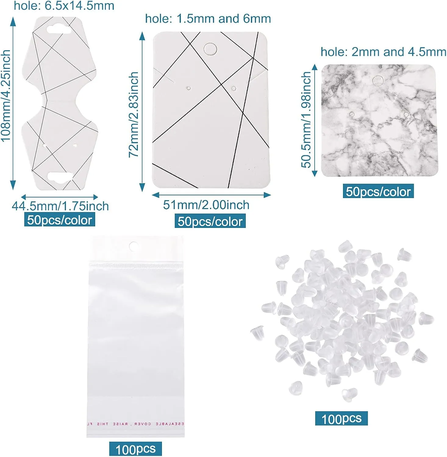 Cheriswelry 300pcs Jewelry Marble Paper Display Cards Holders & 100pcs Plastic Ear Nuts & 100pcs Pearl Film Cellophane Bags Rectangle Square Line Stripes Show Cards for Earring Necklace Display