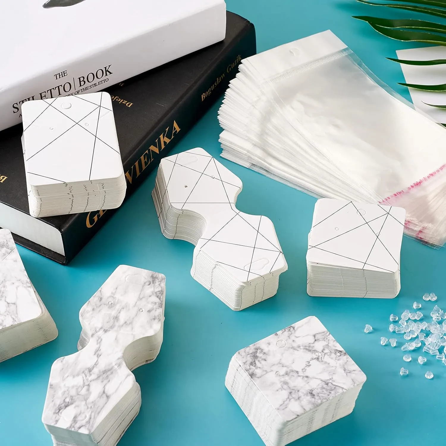 Cheriswelry 300pcs Jewelry Marble Paper Display Cards Holders & 100pcs Plastic Ear Nuts & 100pcs Pearl Film Cellophane Bags Rectangle Square Line Stripes Show Cards for Earring Necklace Display