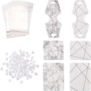 Cheriswelry 300pcs Jewelry Marble Paper Display Cards Holders & 100pcs Plastic Ear Nuts & 100pcs Pearl Film Cellophane Bags Rectangle Square Line Stripes Show Cards for Earring Necklace Display