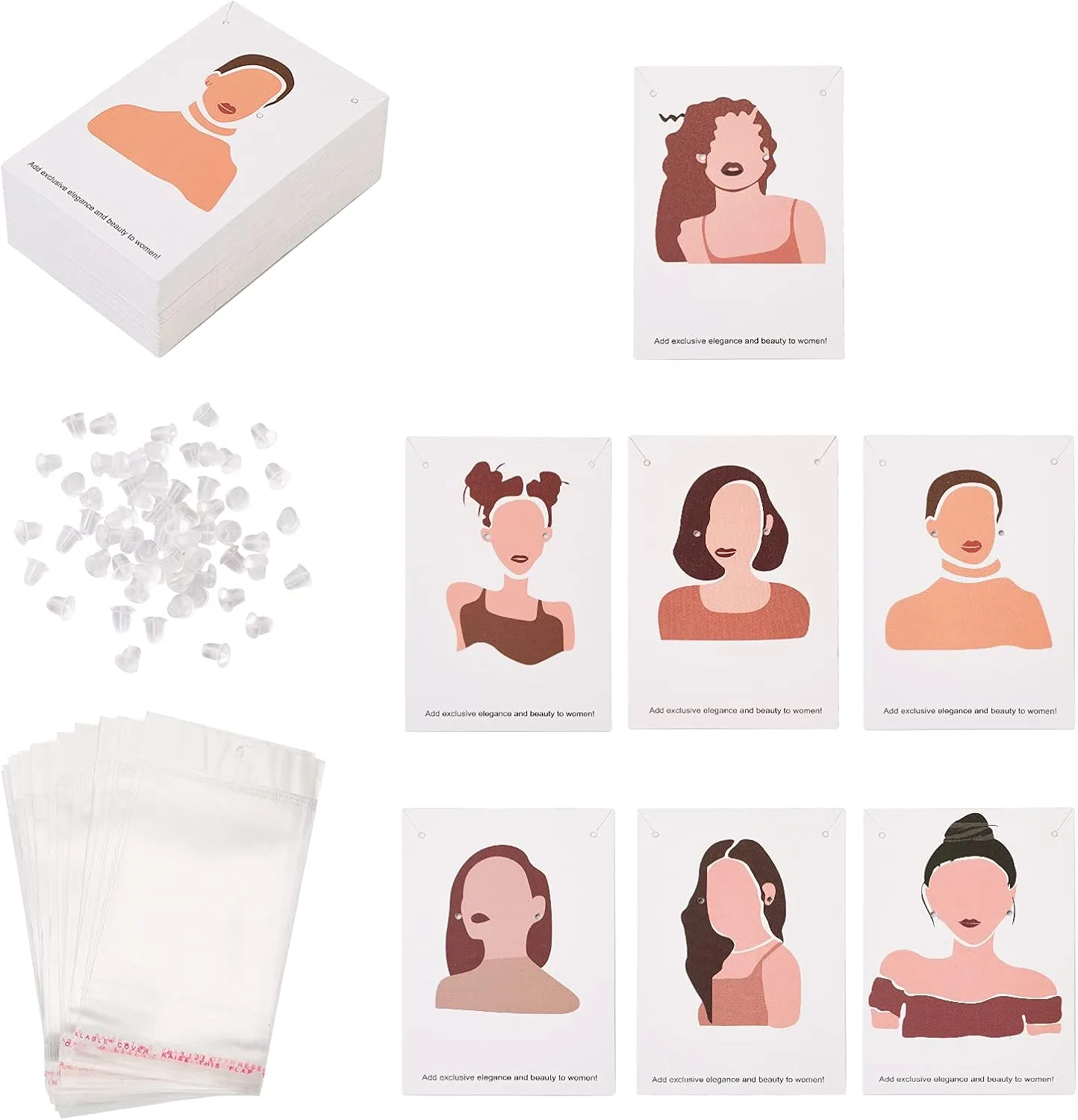 Cheriswelry 70pcs Earring Card Holder Women Pattern Earring Holder Rectangle Card Earring Holder with Pearl Film Cellophane Bags and Plastic Ear Nuts for Earring Display Ear Studs Hanging Earrings