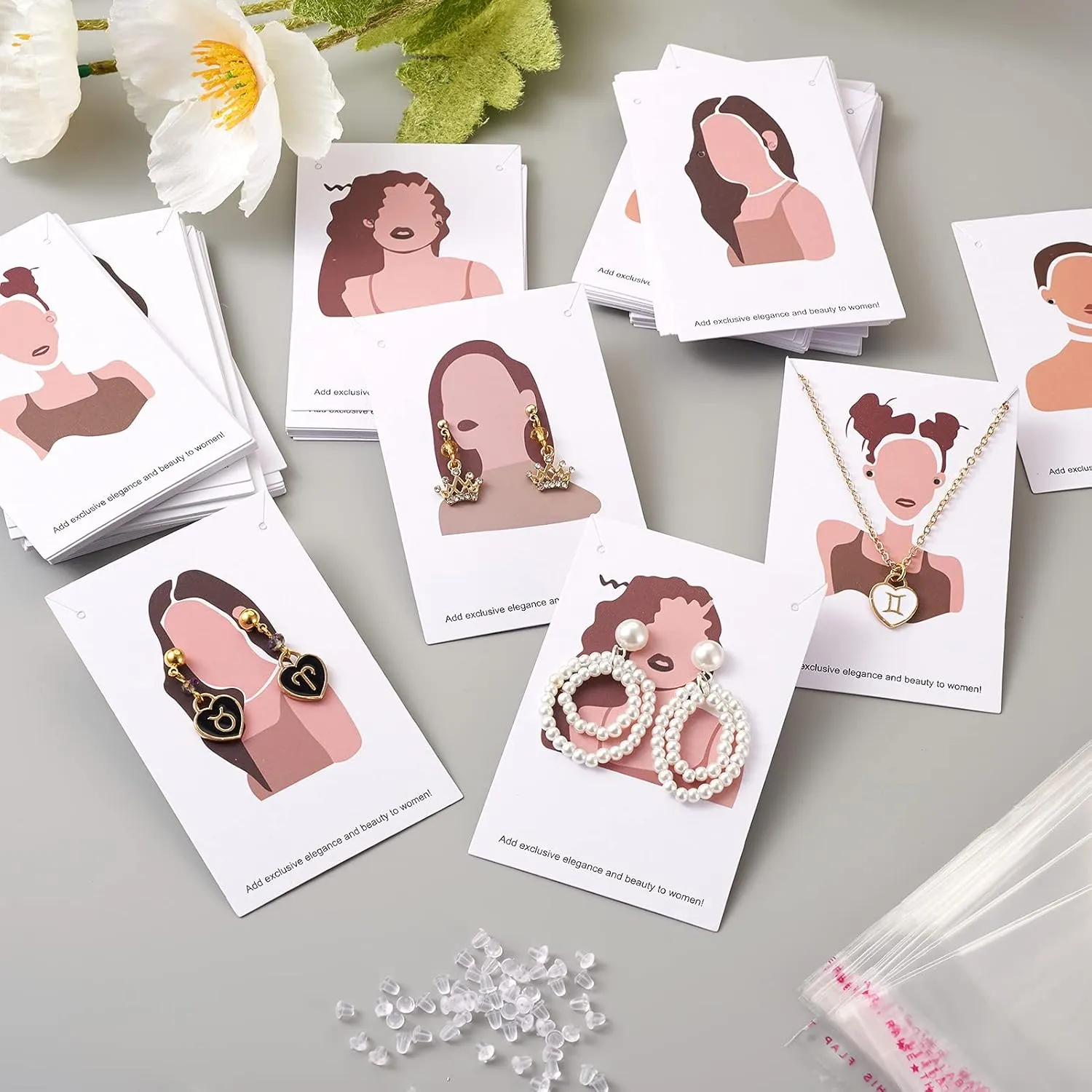 Cheriswelry 70pcs Earring Card Holder Women Pattern Earring Holder Rectangle Card Earring Holder with Pearl Film Cellophane Bags and Plastic Ear Nuts for Earring Display Ear Studs Hanging Earrings