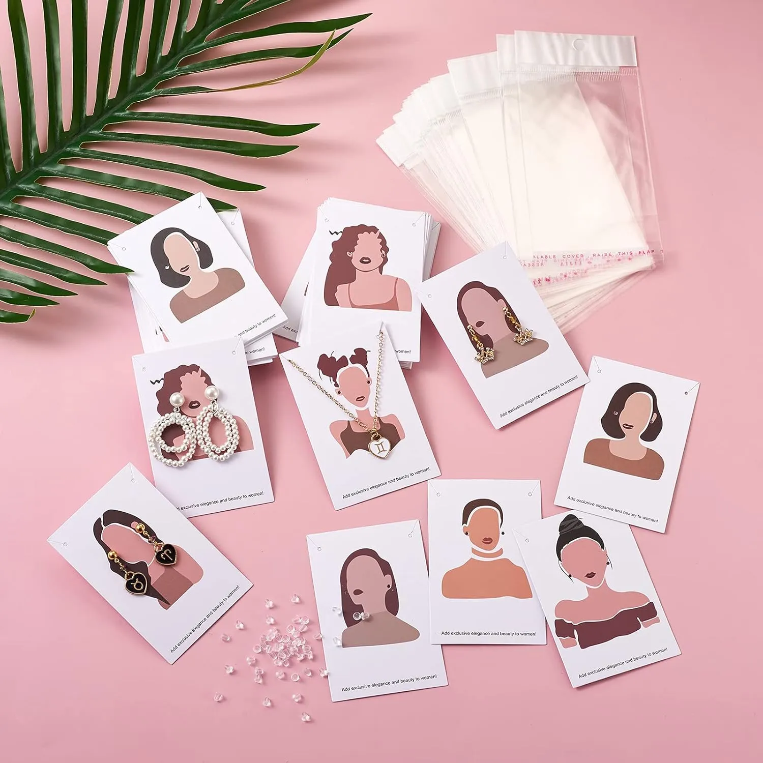 Cheriswelry 70pcs Earring Card Holder Women Pattern Earring Holder Rectangle Card Earring Holder with Pearl Film Cellophane Bags and Plastic Ear Nuts for Earring Display Ear Studs Hanging Earrings