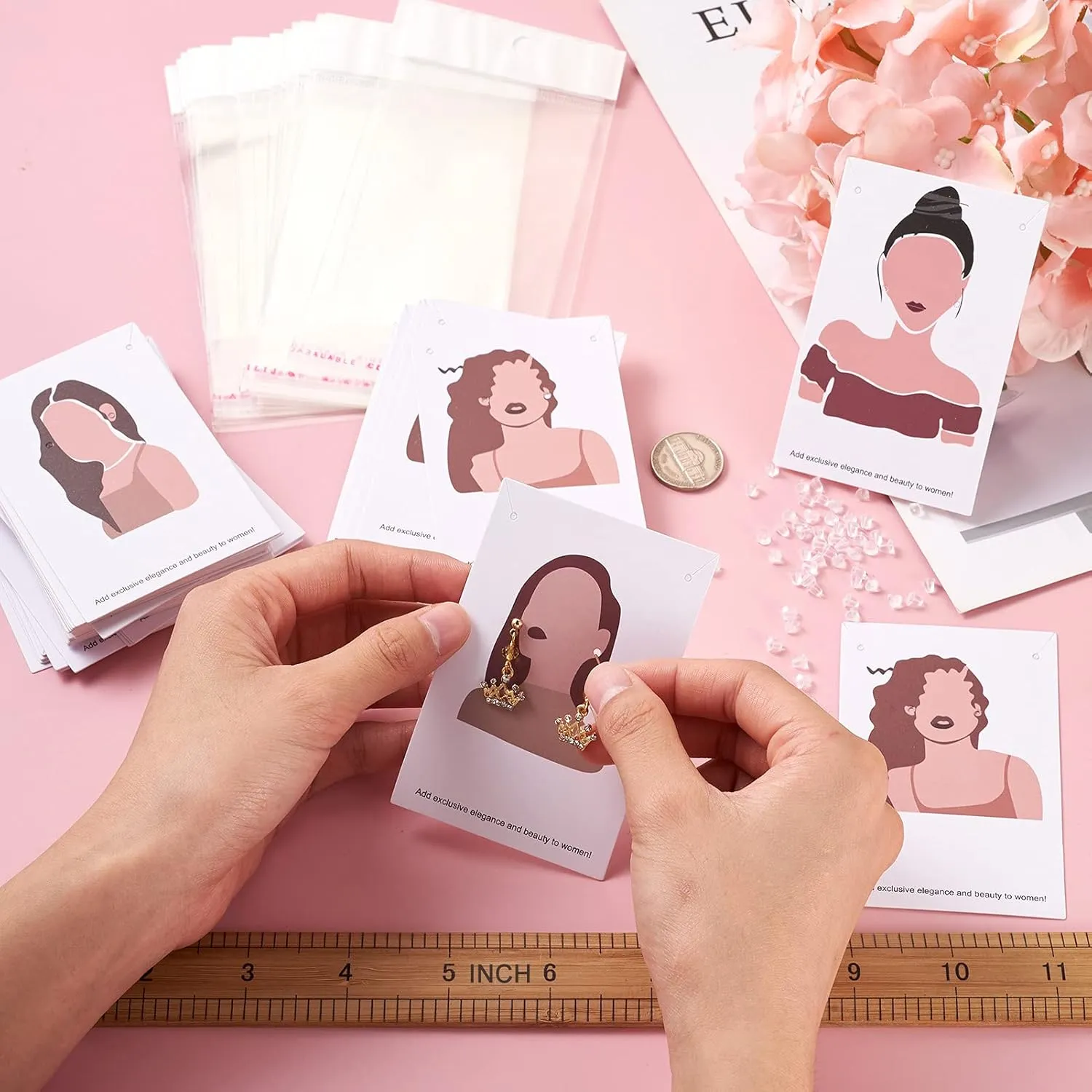 Cheriswelry 70pcs Earring Card Holder Women Pattern Earring Holder Rectangle Card Earring Holder with Pearl Film Cellophane Bags and Plastic Ear Nuts for Earring Display Ear Studs Hanging Earrings