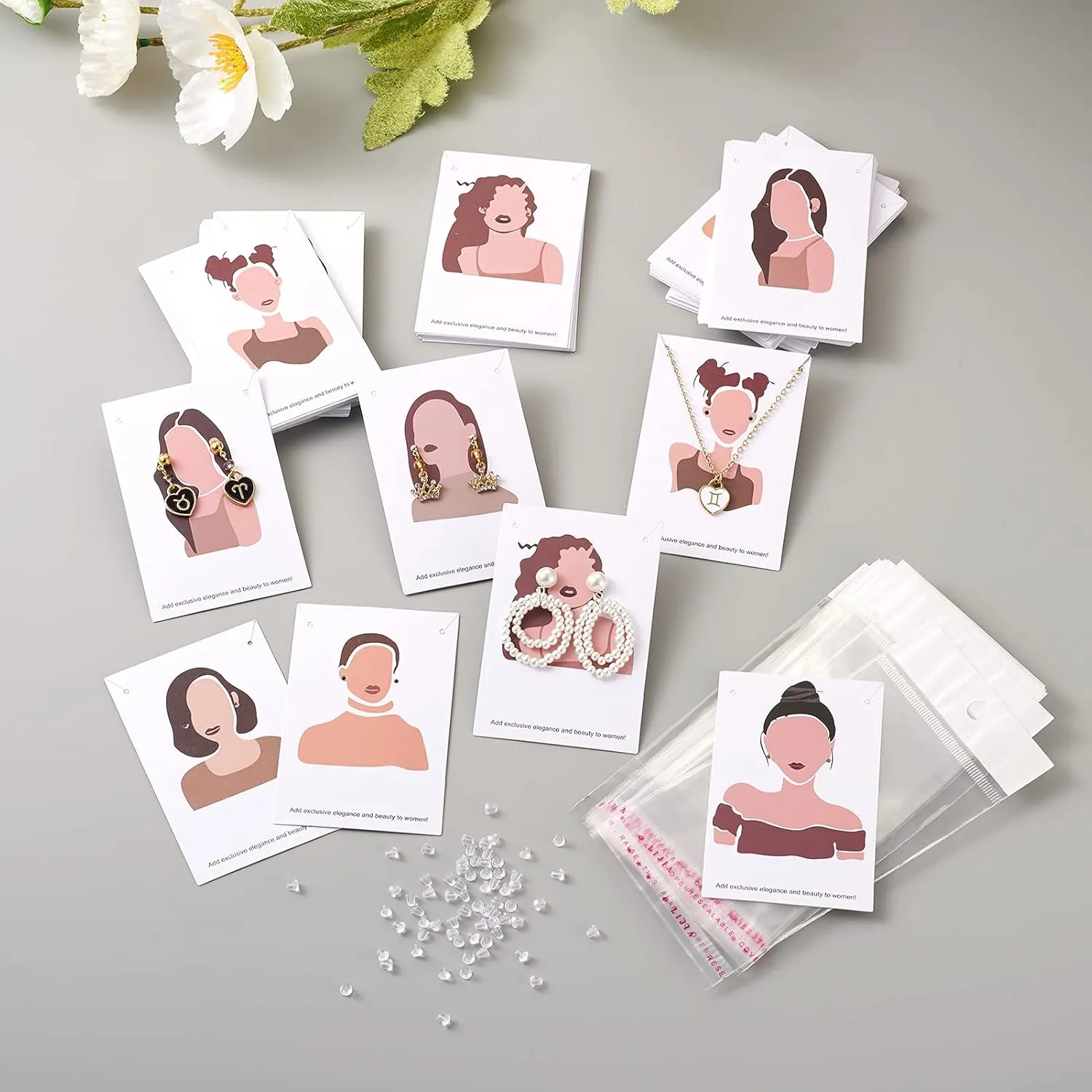 Cheriswelry 70pcs Earring Card Holder Women Pattern Earring Holder Rectangle Card Earring Holder with Pearl Film Cellophane Bags and Plastic Ear Nuts for Earring Display Ear Studs Hanging Earrings