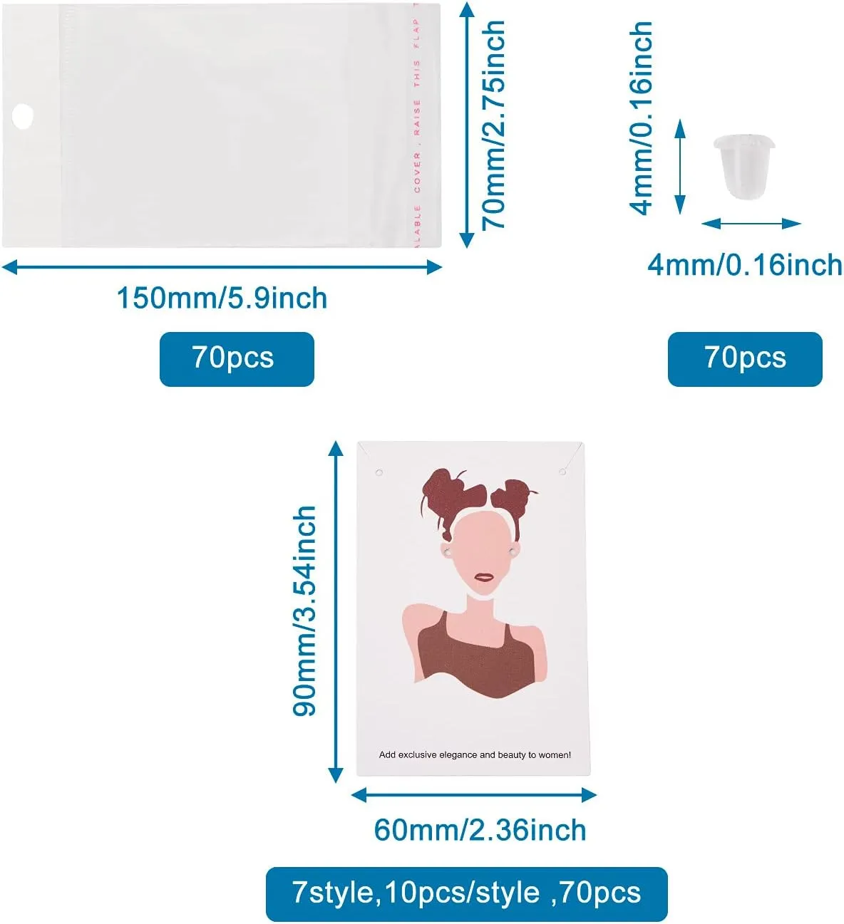Cheriswelry 70pcs Earring Card Holder Women Pattern Earring Holder Rectangle Card Earring Holder with Pearl Film Cellophane Bags and Plastic Ear Nuts for Earring Display Ear Studs Hanging Earrings