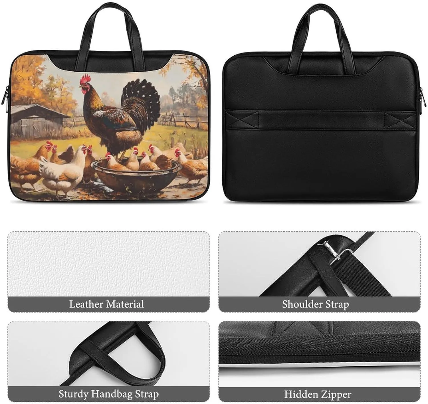 Chickens Hens Rooster Cock Leather Bag Laptop Case Slim Water Resistant Computer Bags with Handle Briefcase for Work