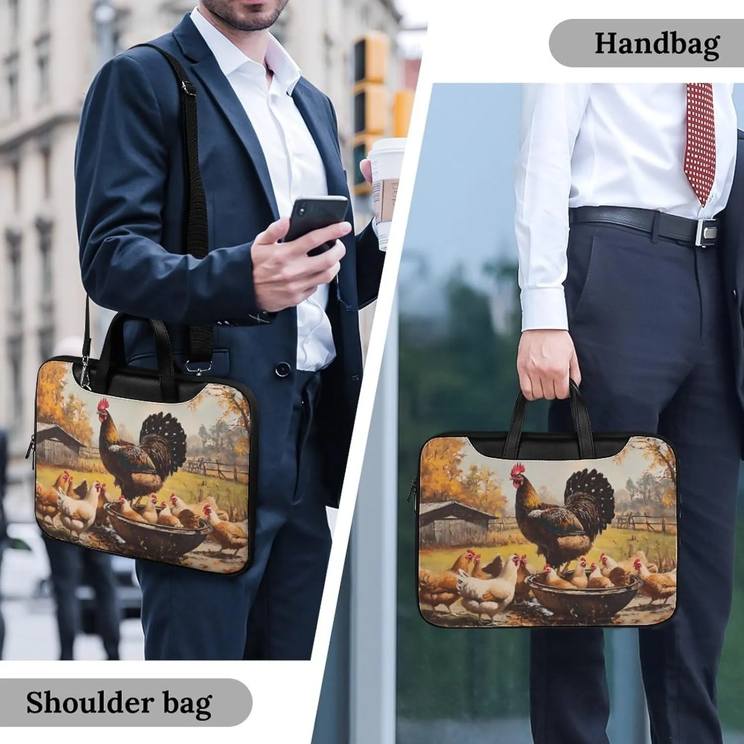Chickens Hens Rooster Cock Leather Bag Laptop Case Slim Water Resistant Computer Bags with Handle Briefcase for Work