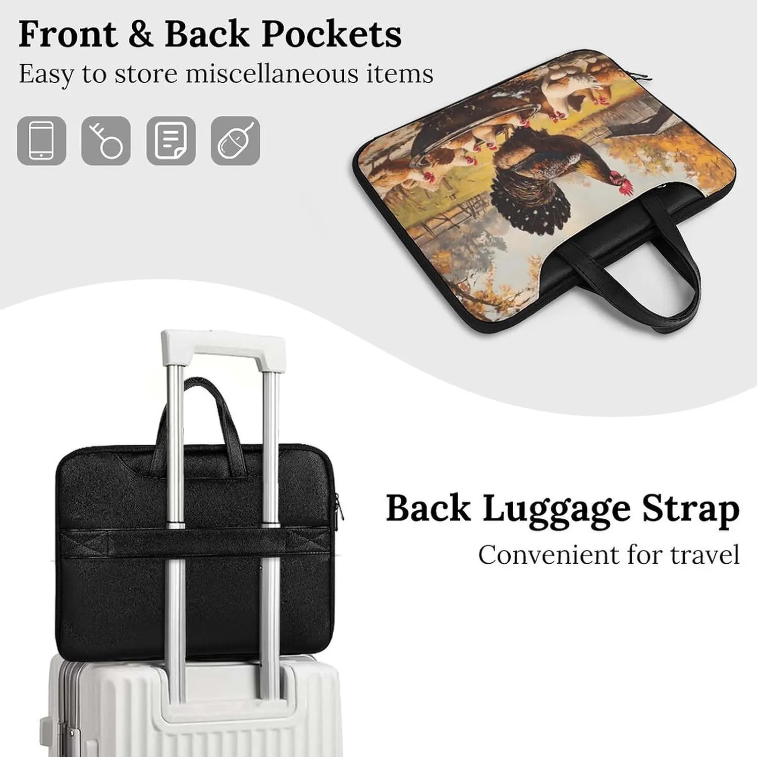 Chickens Hens Rooster Cock Leather Bag Laptop Case Slim Water Resistant Computer Bags with Handle Briefcase for Work