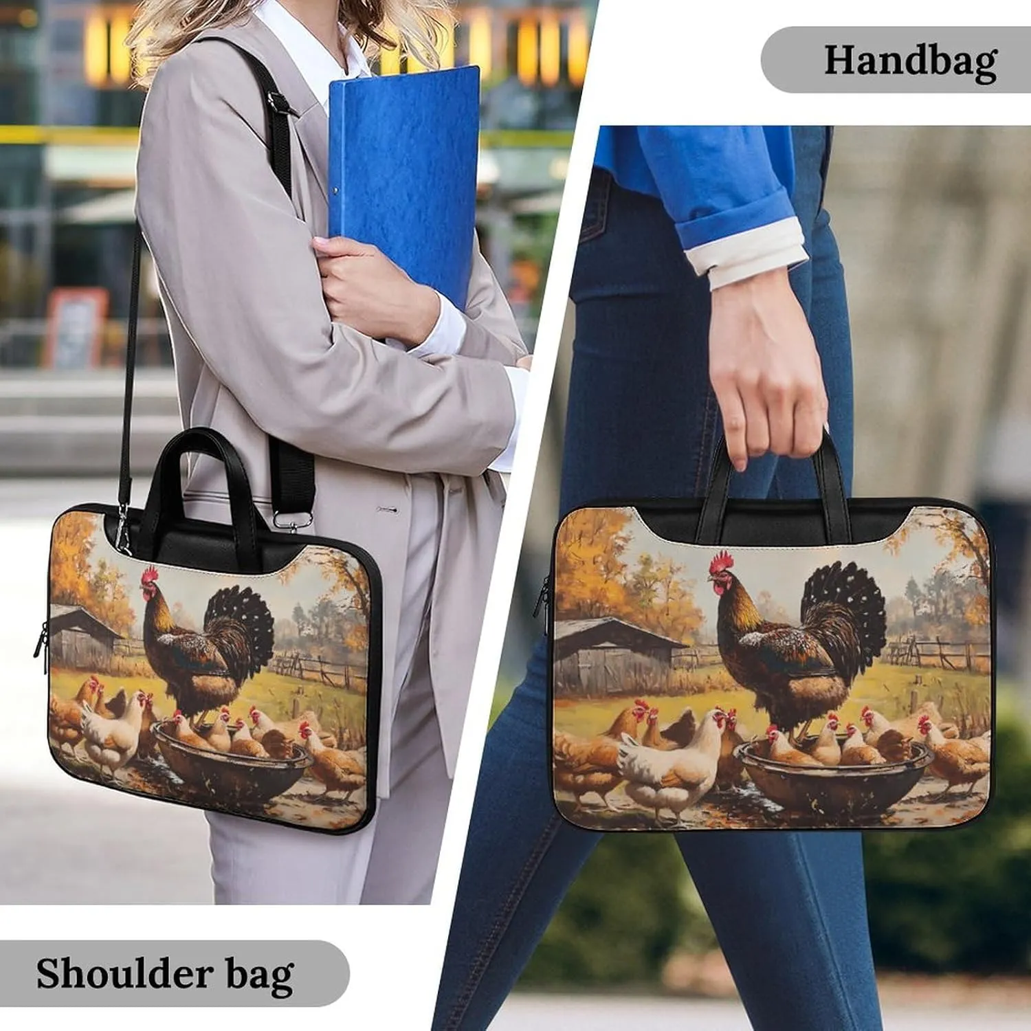 Chickens Hens Rooster Cock Leather Bag Laptop Case Slim Water Resistant Computer Bags with Handle Briefcase for Work
